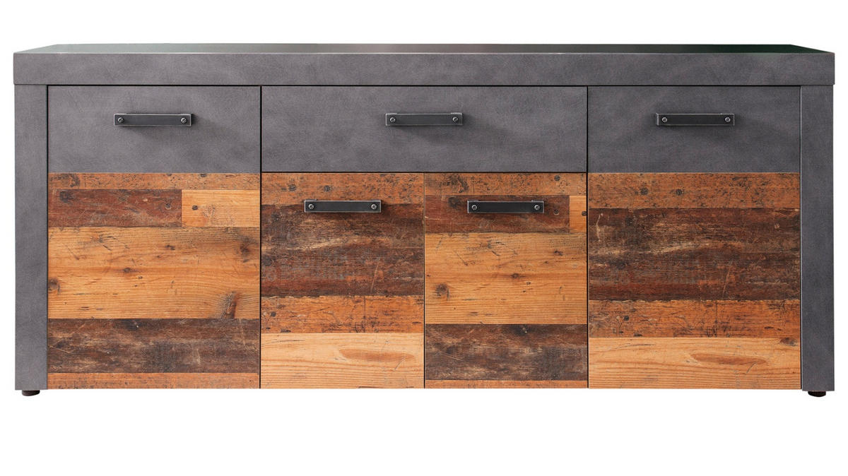 SIDEBOARD Used Wood Altholz Design mit Grau 178 cm, Kommode 4-türig - Silberfarben/Schwarz, Holzwerkstoff/Kunststoff (40/77/178cm) - Top.Furn