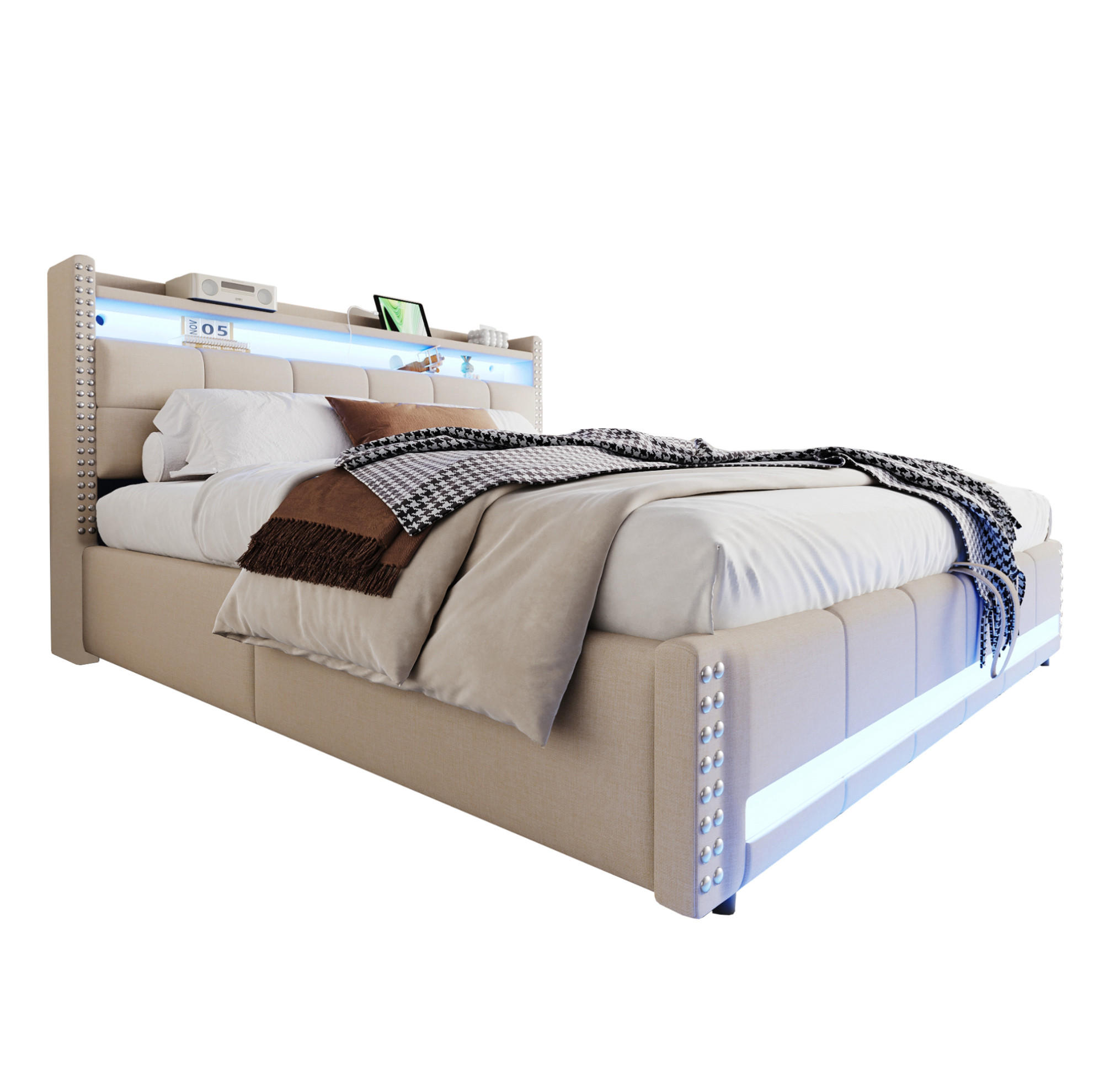 POLSTERBETT mit Stauraum und LED 180x200 cm Beige - Beige, Metall (180/200cm) - Meubliv