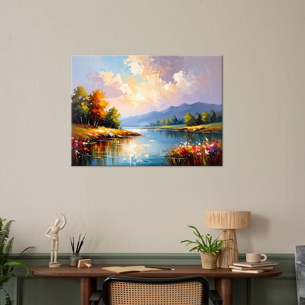 LEINWANDBILD Fluss Bäume Landschaft 90x60cm - Multicolor, Textil (90/60cm) - Feeby