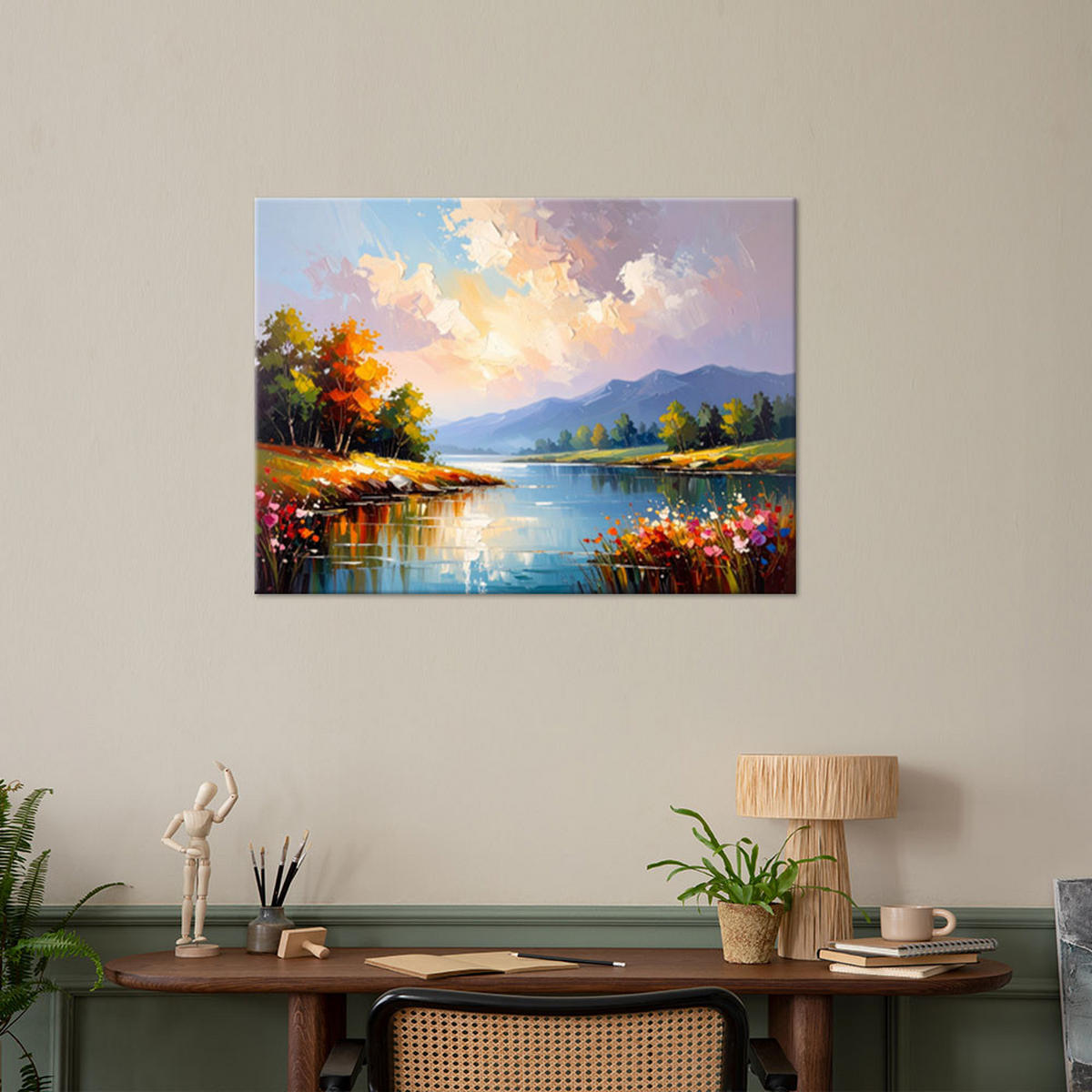 LEINWANDBILD Fluss Bäume Landschaft 90x60cm - Multicolor, Textil (90/60cm) - Feeby