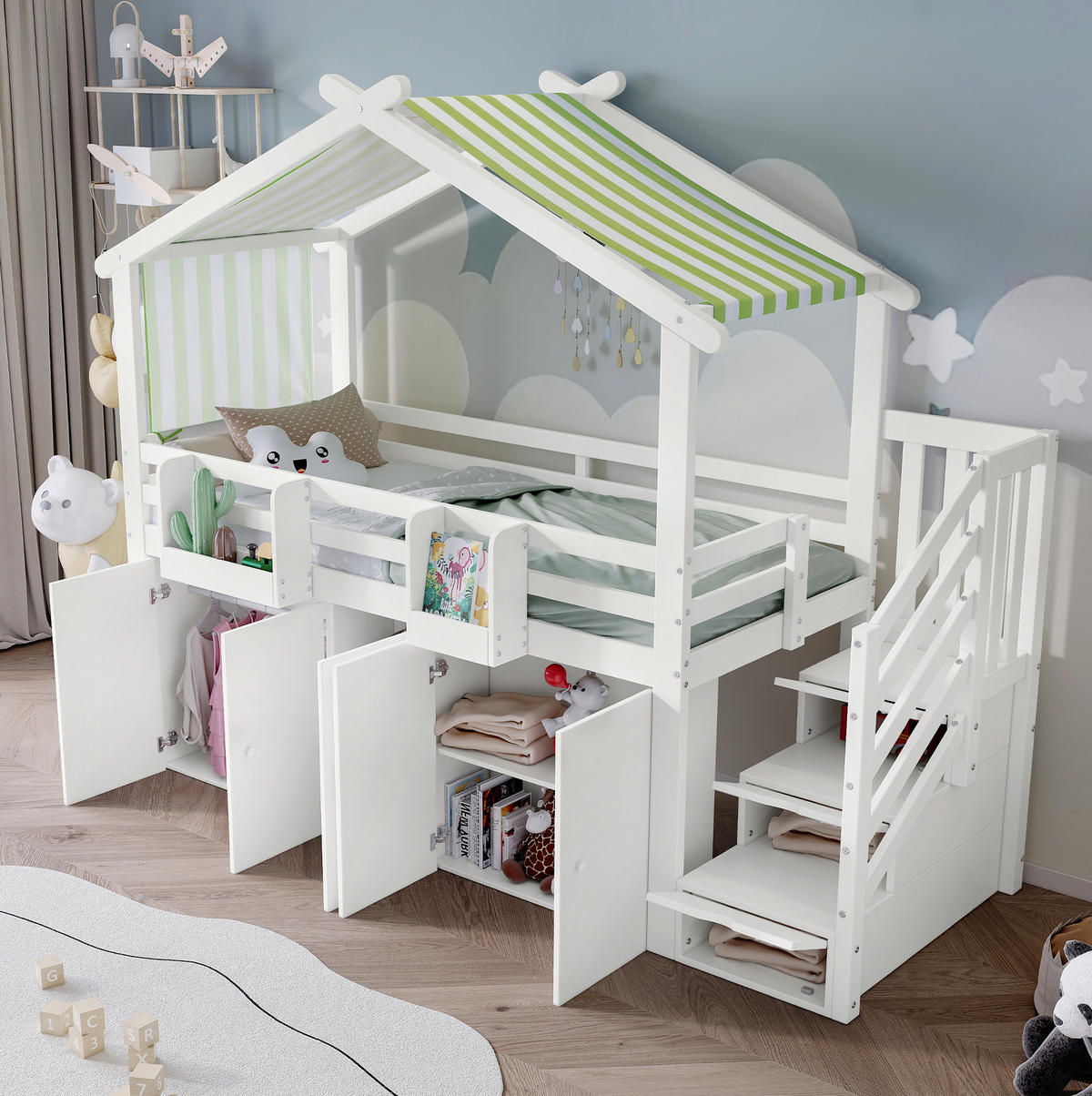 ETAGENBETT aus Kiefer und MDF 90x200 cm Weiß/Grün mit Stauraumtreppe, Schrank, Fallschutz und Dachdesign - Weiß, Holzwerkstoff (90/200cm) - Modfu