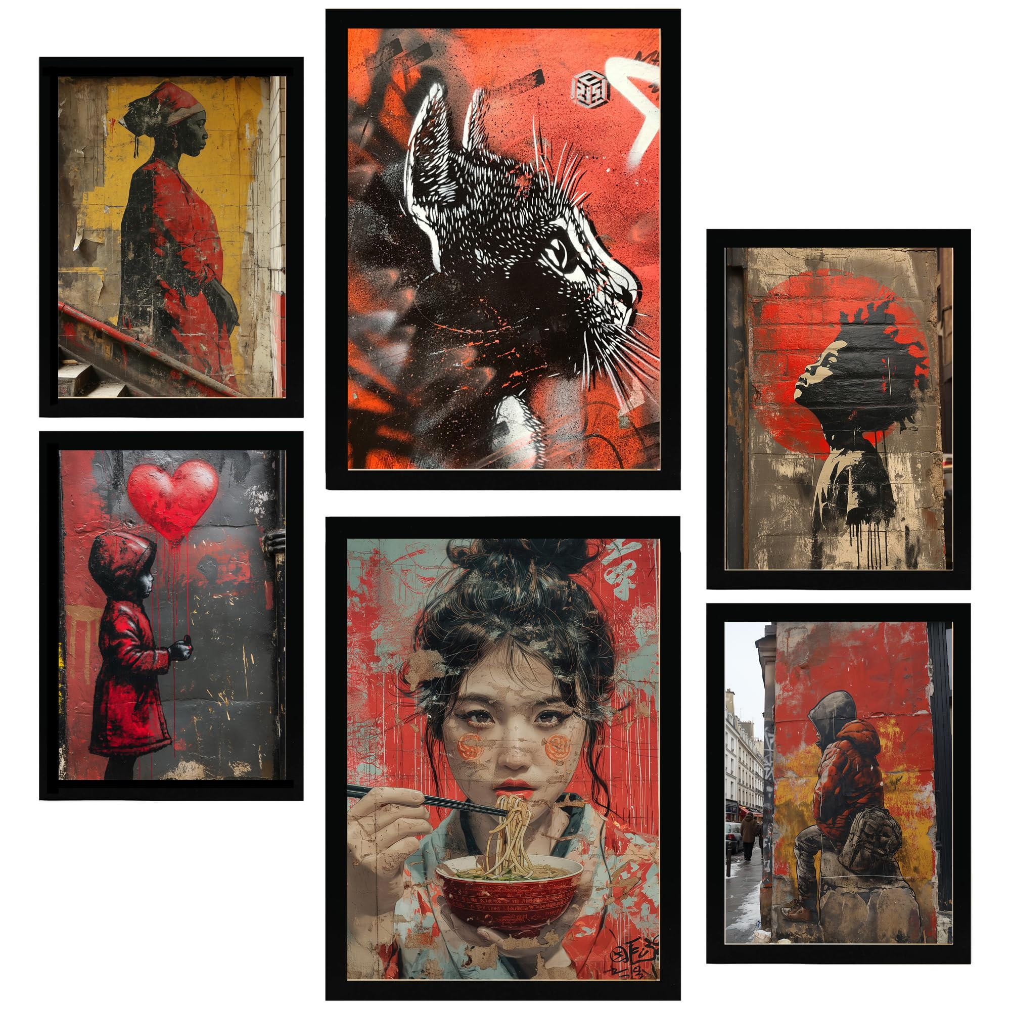 POSTER Set Mit 6 Straßenkunst Roter Schwarzer & Gelber Graffiti Banksy A3 & A4 Schwarzer Rahmen - Schwarz, Papier (29/3cm) - Nacnic
