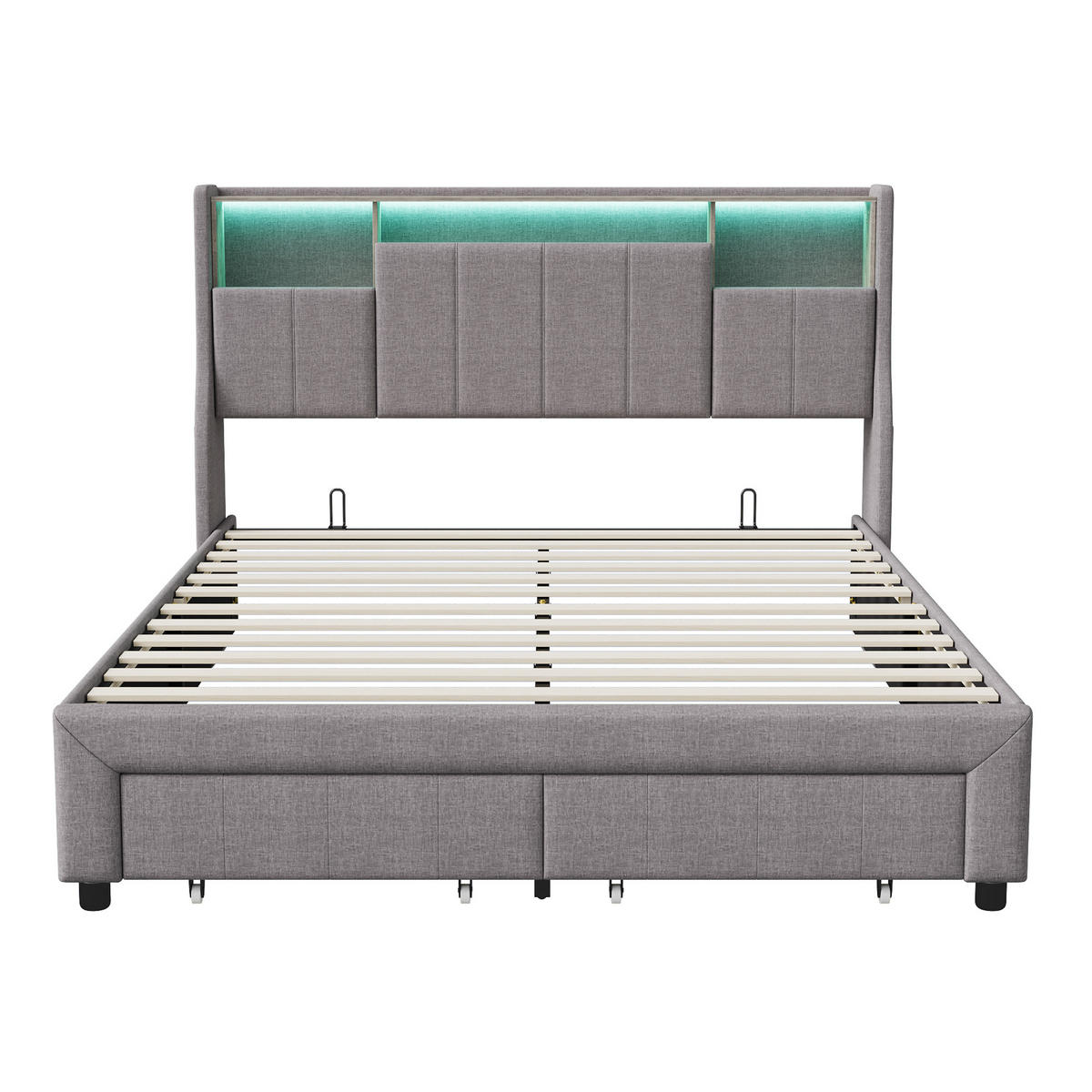 POLSTERBETT 140x200 cm mit 2 Schubladen & USB, grau - Grau, Metall (140/200cm)