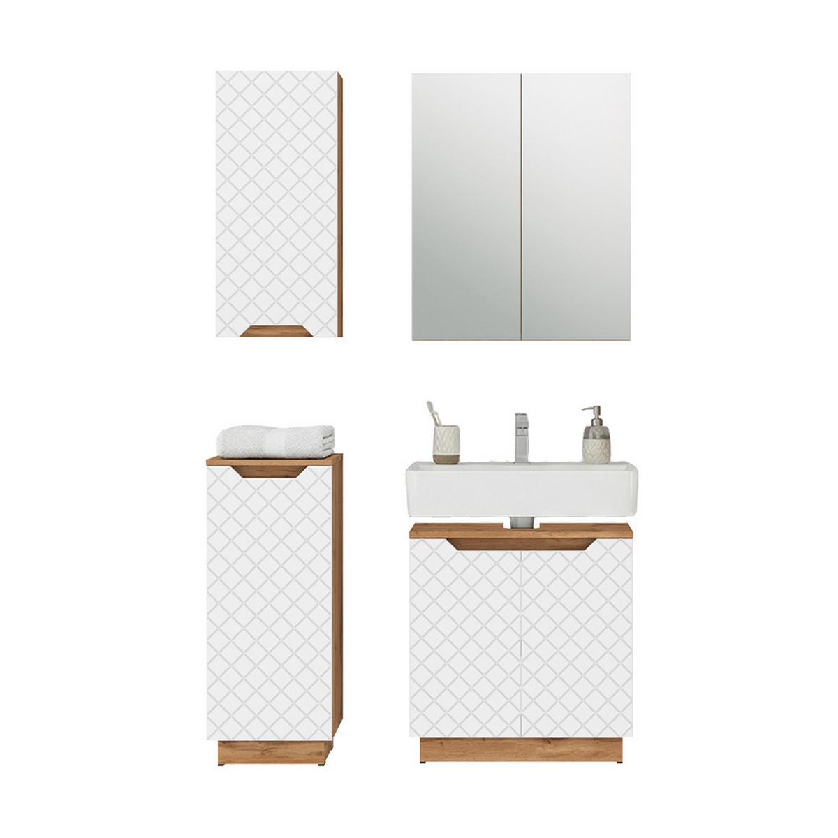 BADMÖBEL-SET Lotta Eiche/weiß gestreift 4 Teile - Eichefarben/Weiß, Holzwerkstoff (59.8/62.1/32cm) - Vicco