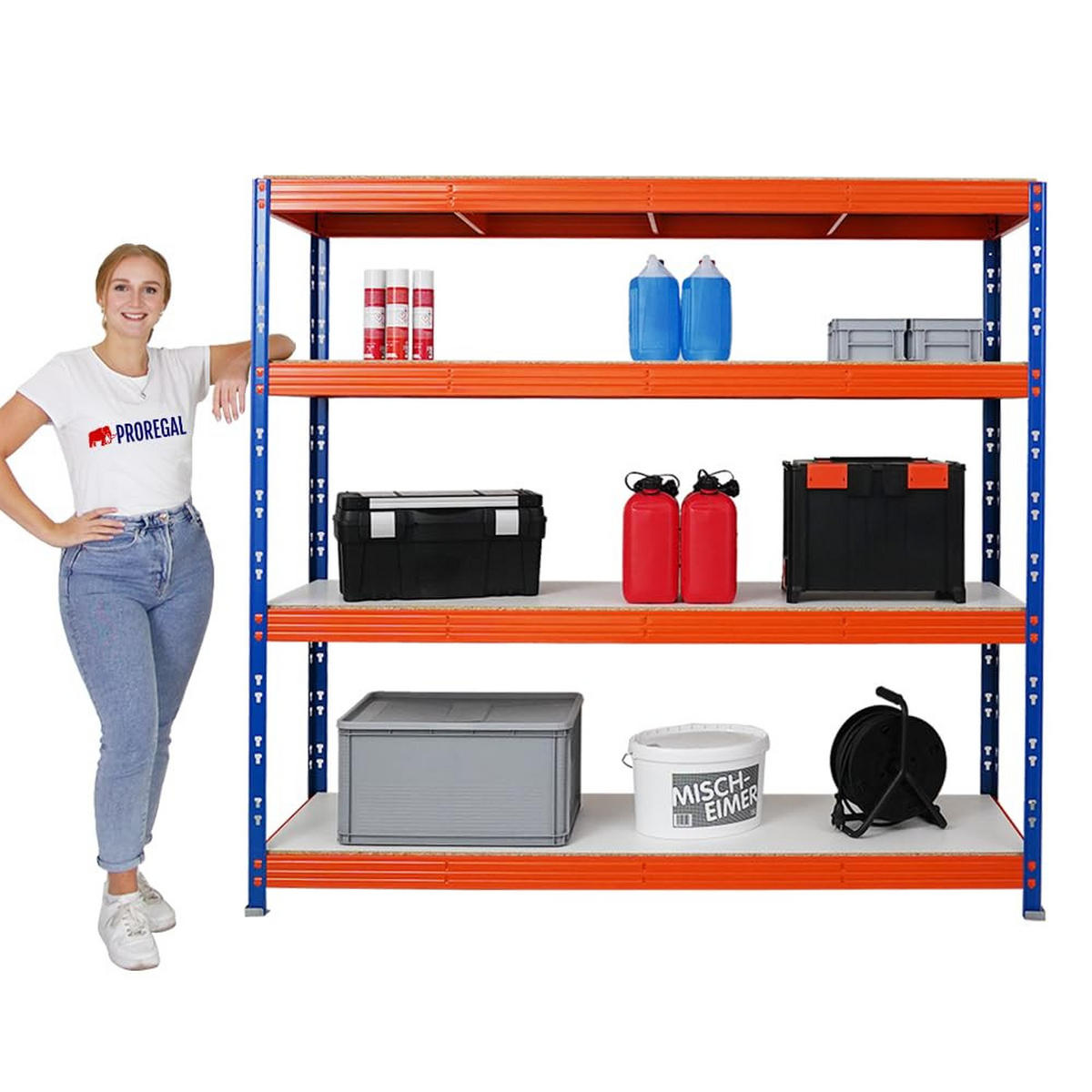 SCHWERLASTREGAL Rhino 180x200x60 cm 4 Melamin-Ebenen 16mm Fachlast 500 kg Blau/Orange - Blau/Orange, Metall (200/180/60cm) - PROREGAL