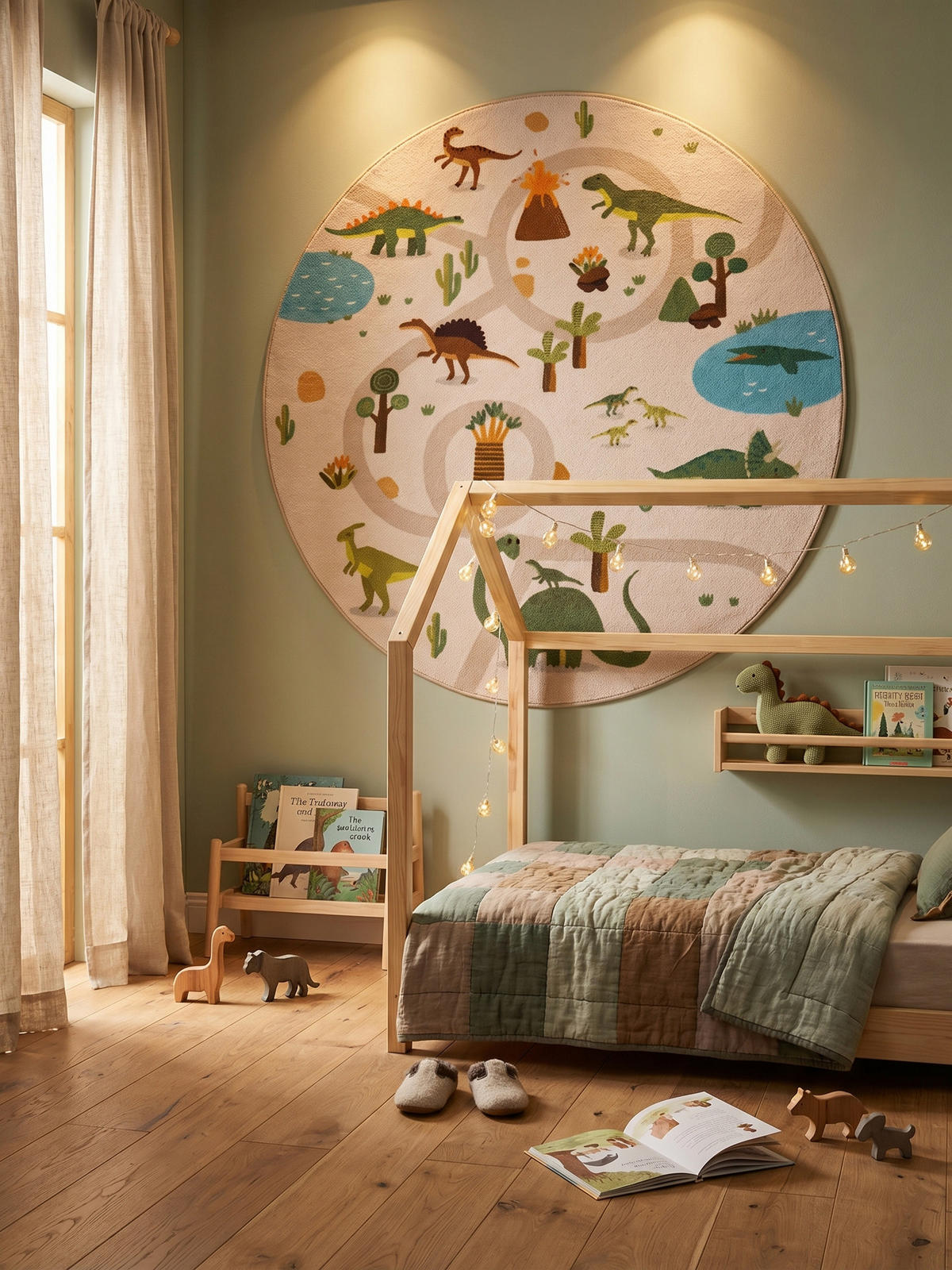 KINDERTEPPICH Kurzflor Dinosaurier-Landschaft Waschbar OEKO-TEX Spielteppich Jungen Mädchen Rund Beige 200x200 – TINO - Beige, Textil (200/200cm) - KADIMA DESIGN