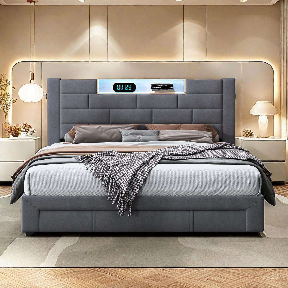 POLSTERBETT 140x200 cm Grau mit LED USB 3 Schubladen - Grau, Metall (140/200cm) - SHOPENTRA