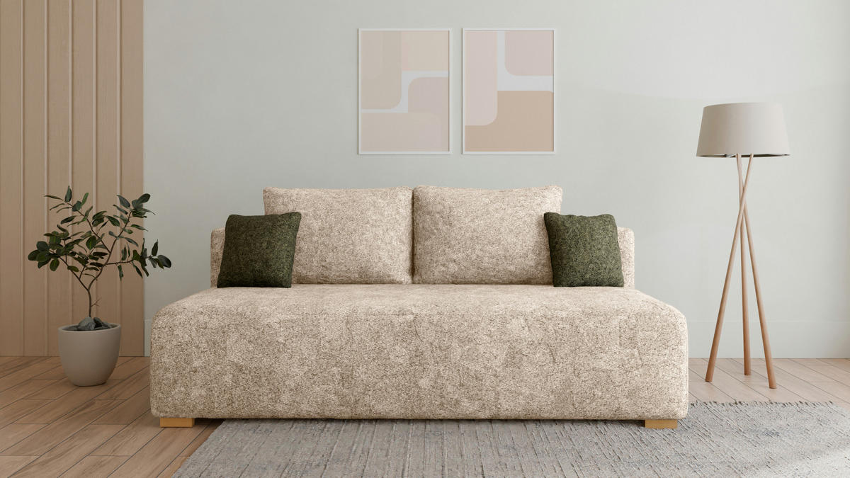 SCHLAFSOFA - Polstersofa aus Bouclé - Beige (Arena 2 + Arena 12 Kissen) - Beige/Grün, Holzwerkstoff (200/90/100cm) - Möblo