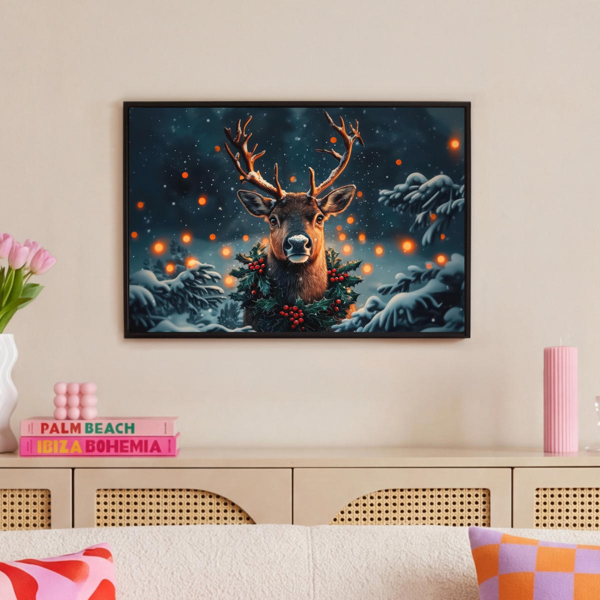 LEINWAND Bilder mit Rahmen - Hirsch - Weihnachten - Winter - Schnee - Weihnachtskranz - 60x40 - Dunkelbraun, Textil (60/40cm) - MuchoWow