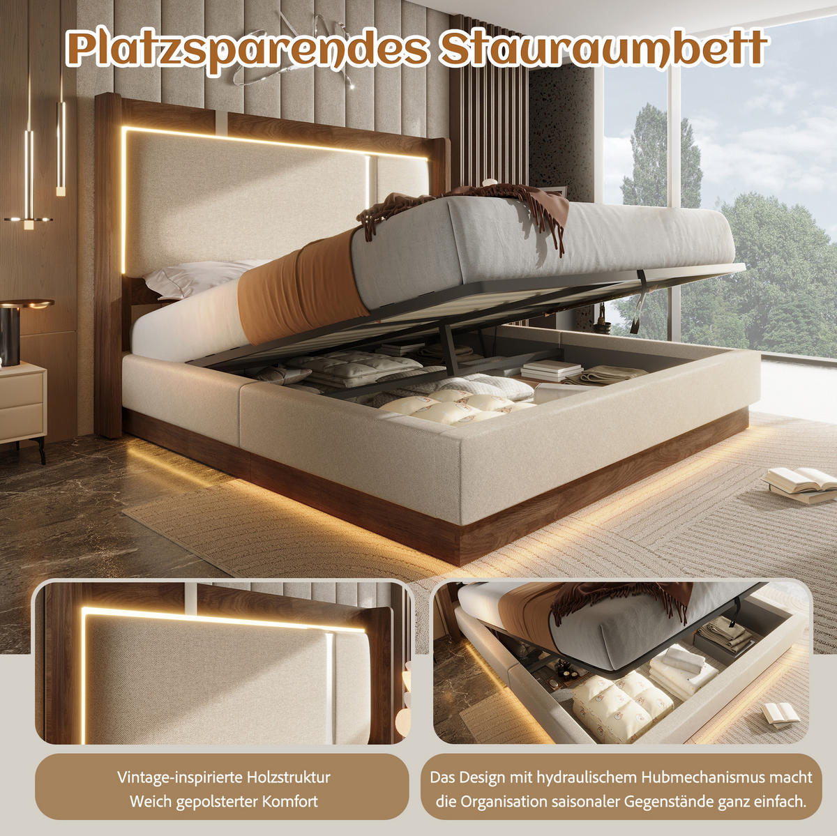 POLSTERBETT 90/200 cm aus Leinen und Holz mit LED und Bettkasten Beige - Beige, Textil (90/200cm) - Modenvie