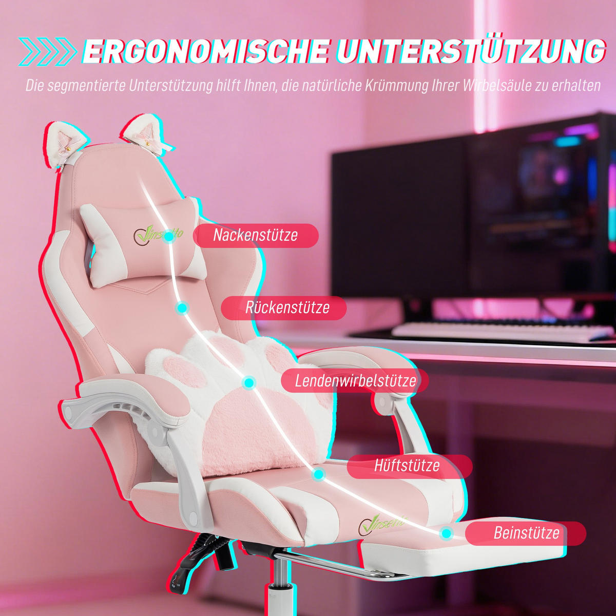 GAMING-STUHL Kunstleder Rosa - Rosa/Weiß, Kunststoff/Textil (53/128/63.5cm) - Vinsetto