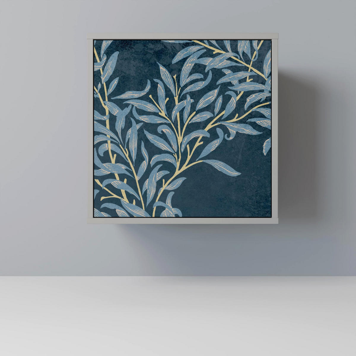 SIDEBOARD BLUE LEAVES, Grau, 57,5x42x72,5 cm, Schwarze Metallfüße - Multicolor/Schwarz, Holzwerkstoff/Metall (57.5/72.5/42cm) - SpaceRebels