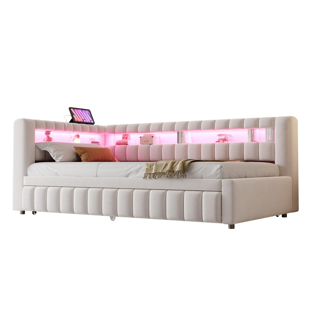 POLSTERBETT 90/200 mit Ausziehfunktion, LED, Ablagefächern und USB-/Type-C-Anschlüssen in Beige - Beige, Holzwerkstoff/Textil (90/200cm) - EVRYAE