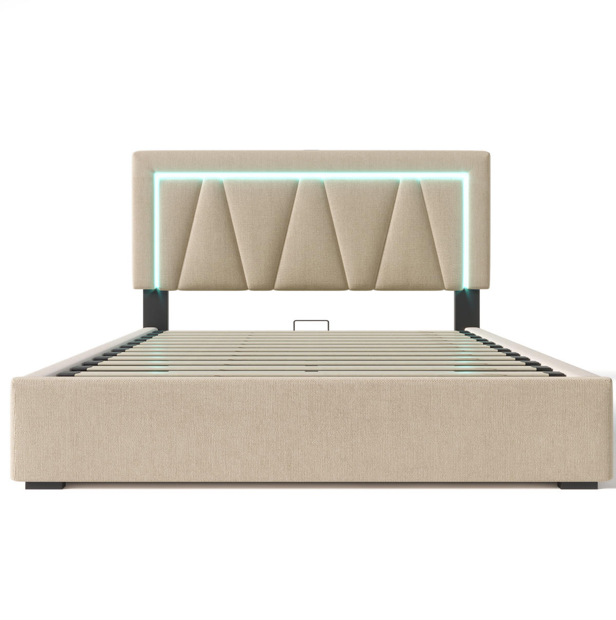 POLSTERBETT aus Leinen 140x200 cm Beige mit LED-Beleuchtung, USB- und Type-C-Anschluss sowie Bettkasten - Beige, Textil (140/200cm) - Modfu