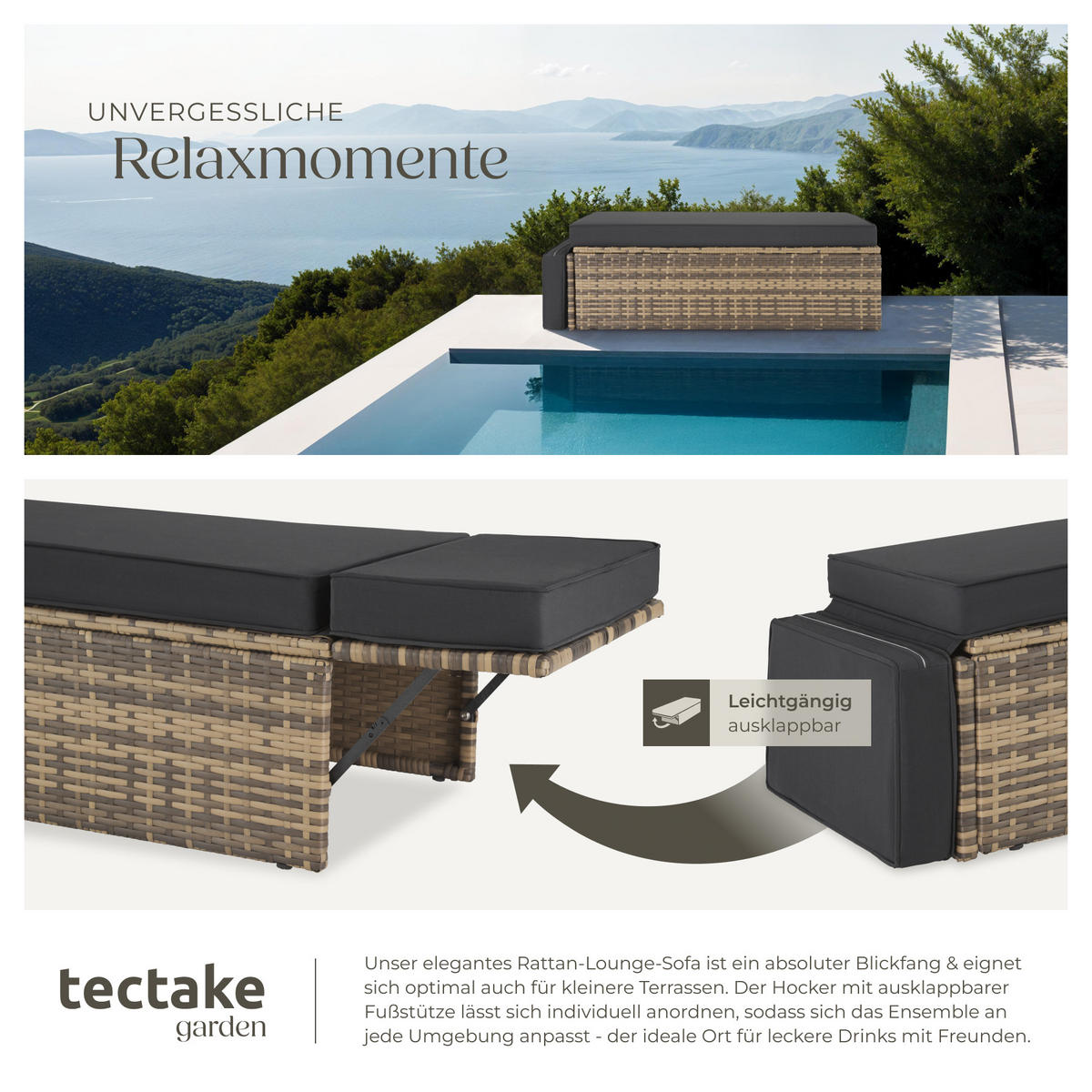RATTANLOUNGE Korfu,Hocker mit klappbarer Stütze,natur - Naturfarben, Kunststoff - tectake