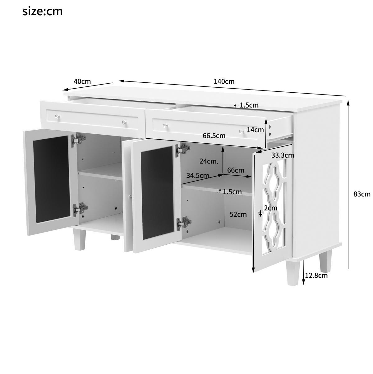 SIDEBOARD 140/40/83 cm, 4 Spiegeltüren, 2 Schubladen, MDF weiß, mit kristallförmigen Griffen, Weiß - Weiß, Holzwerkstoff (140/83/40cm) - Redom