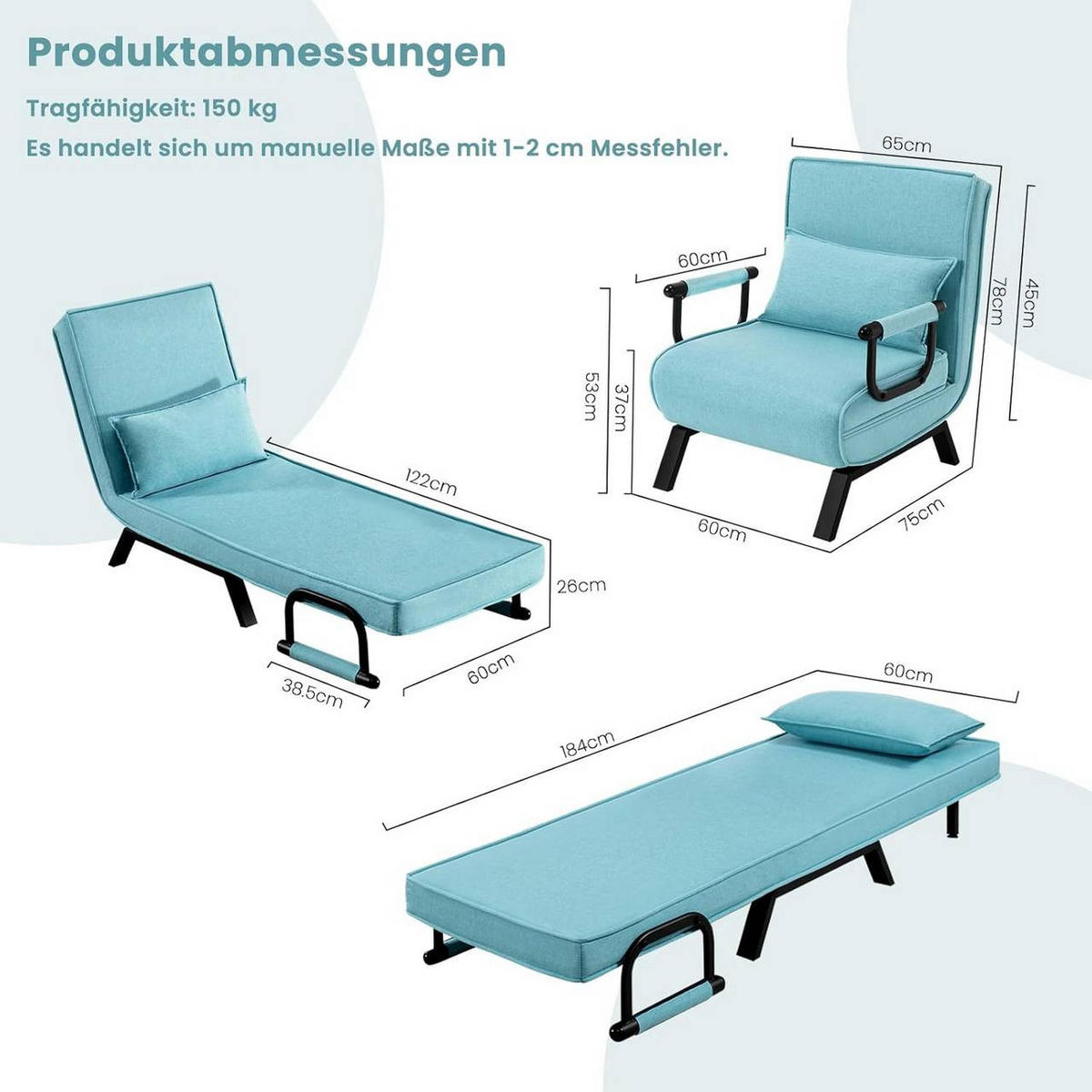 SCHLAFSESSEL 3 in 1, mit Verstellbarer Rückenlehne, Leinen Blau - Blau/Schwarz, Textil/Metall (65/78/75cm) - Woltu