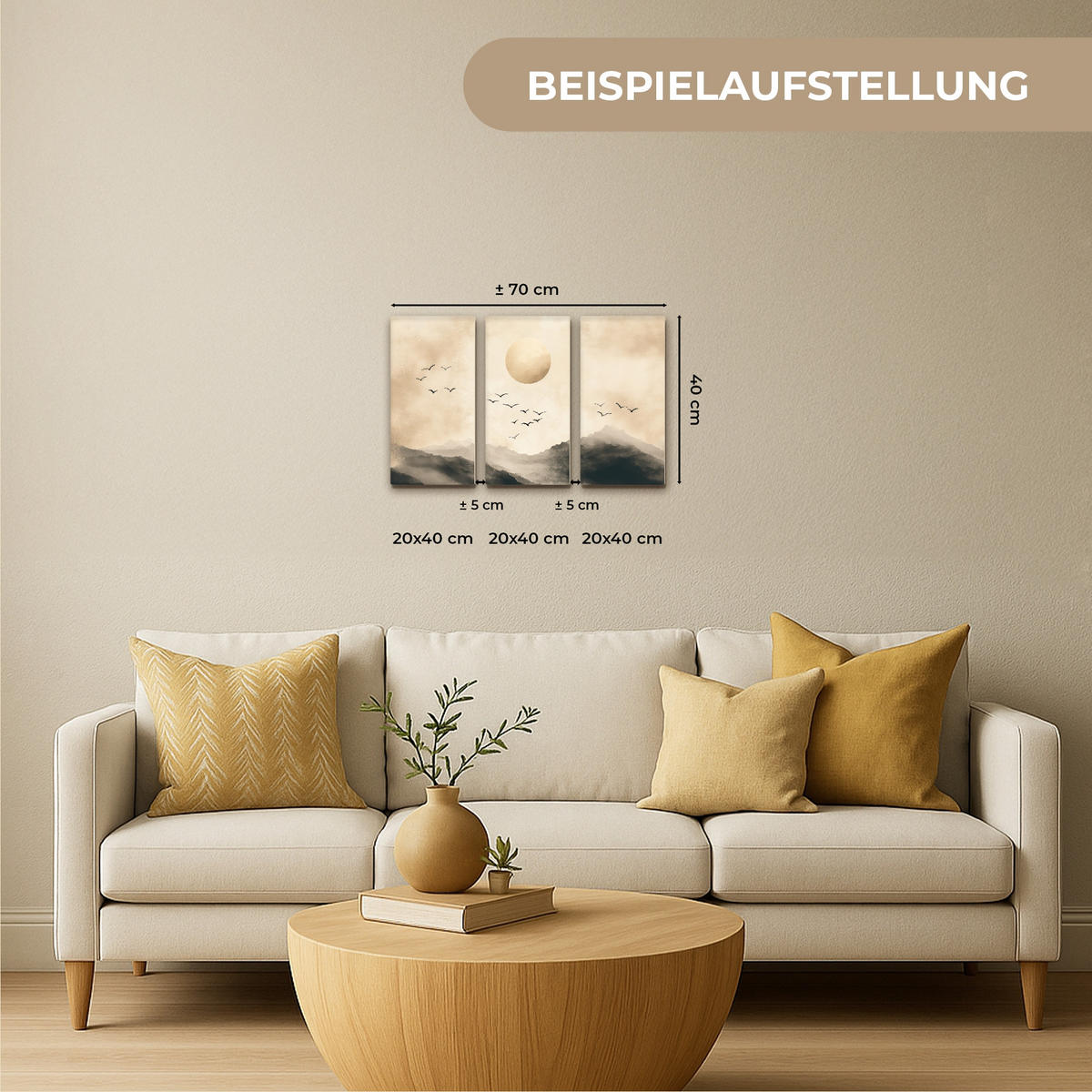 LEINWANDBILD 3er Set Landschaft - Japandi - Beige - Vögel 60x40 cm - Beige, Textil (60/40cm) - MuchoWow