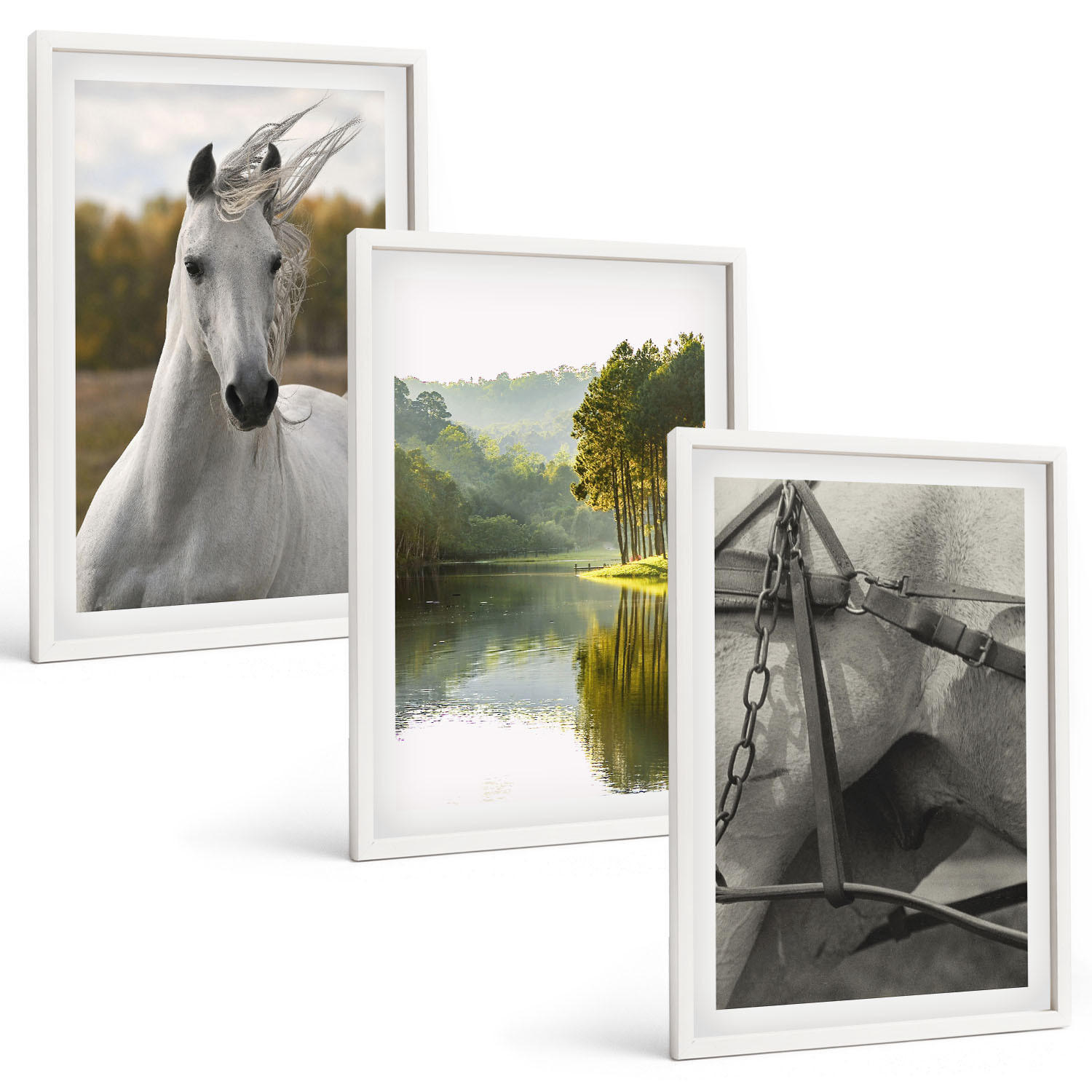 BILDER SET 3er Set - 40x60 cm Weißer Rahmen - Natur des Flusses White Horses - Weiß, Kunststoff (40/60cm) - TULUP