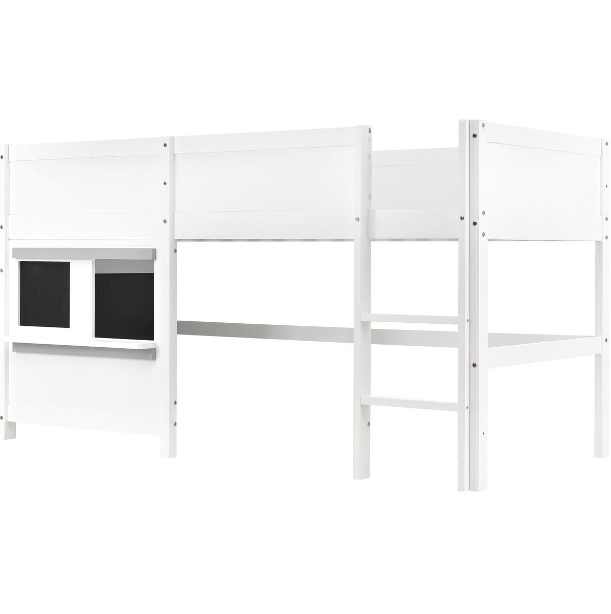 HAUSBETT aus Kiefer 90x200 cm Weiß mit Tafel, Ablage, Treppe und Rundum-Absturzsicherung - Weiß, Holzwerkstoff (90/200cm) - Modfu