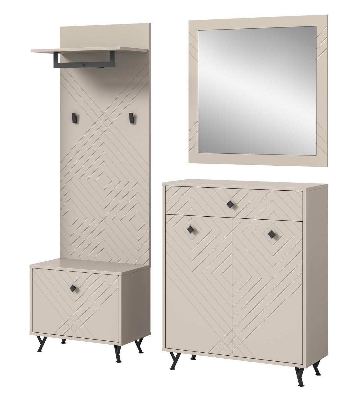 GARDEROBE Set 4-teilig Sand matt 155 cm, Garderobenkombination mit Fräsungen - Sandfarben/Beige, Glas/Holzwerkstoff (155/190/35cm) - Inn.Furn
