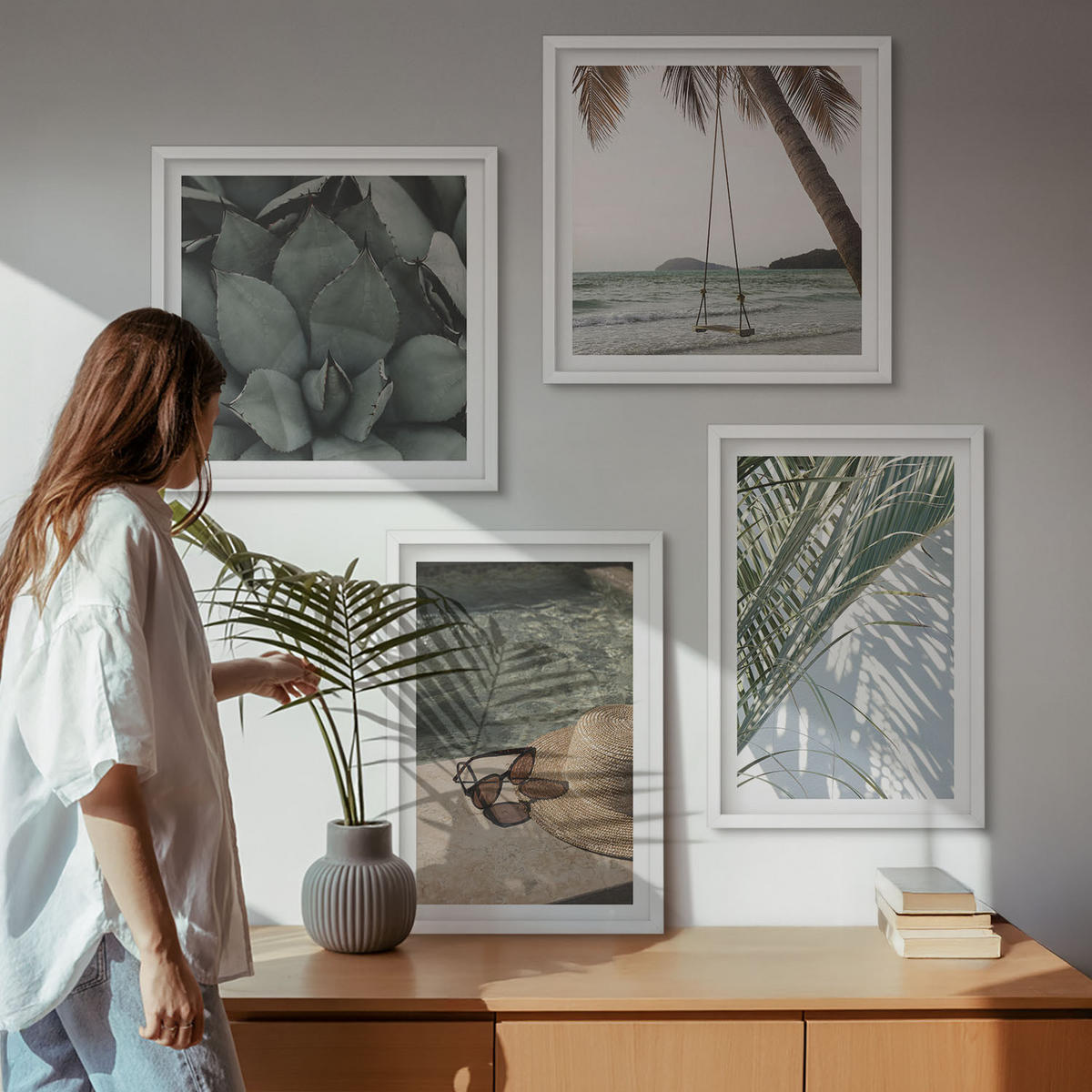 WANDBILDER 4er-Set - 50x50 cm & 40x60 cm Weißer Rahmen - Tropische Pflanzen für den Urlaub - Weiß, Kunststoff (50/50cm) - ArtPrintCave