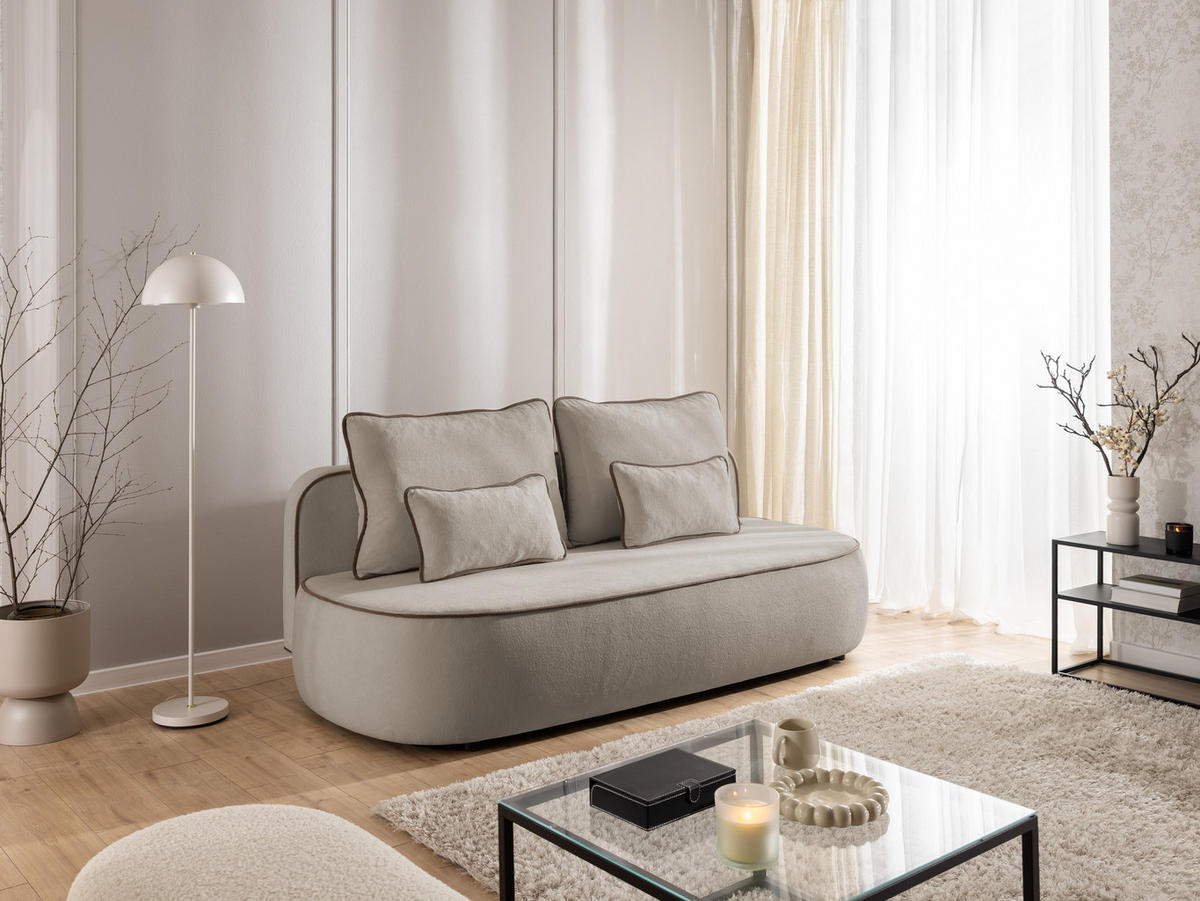 KINDERSOFA Vero im modernen und abgerundeten Design mit Schlaffunktion und Bettkasten aus Taupe Plüschstoff mit brauner Paspel - Taupe/Schwarz, Holz/Kunststoff (210/90/98cm) - S-Style Möbel