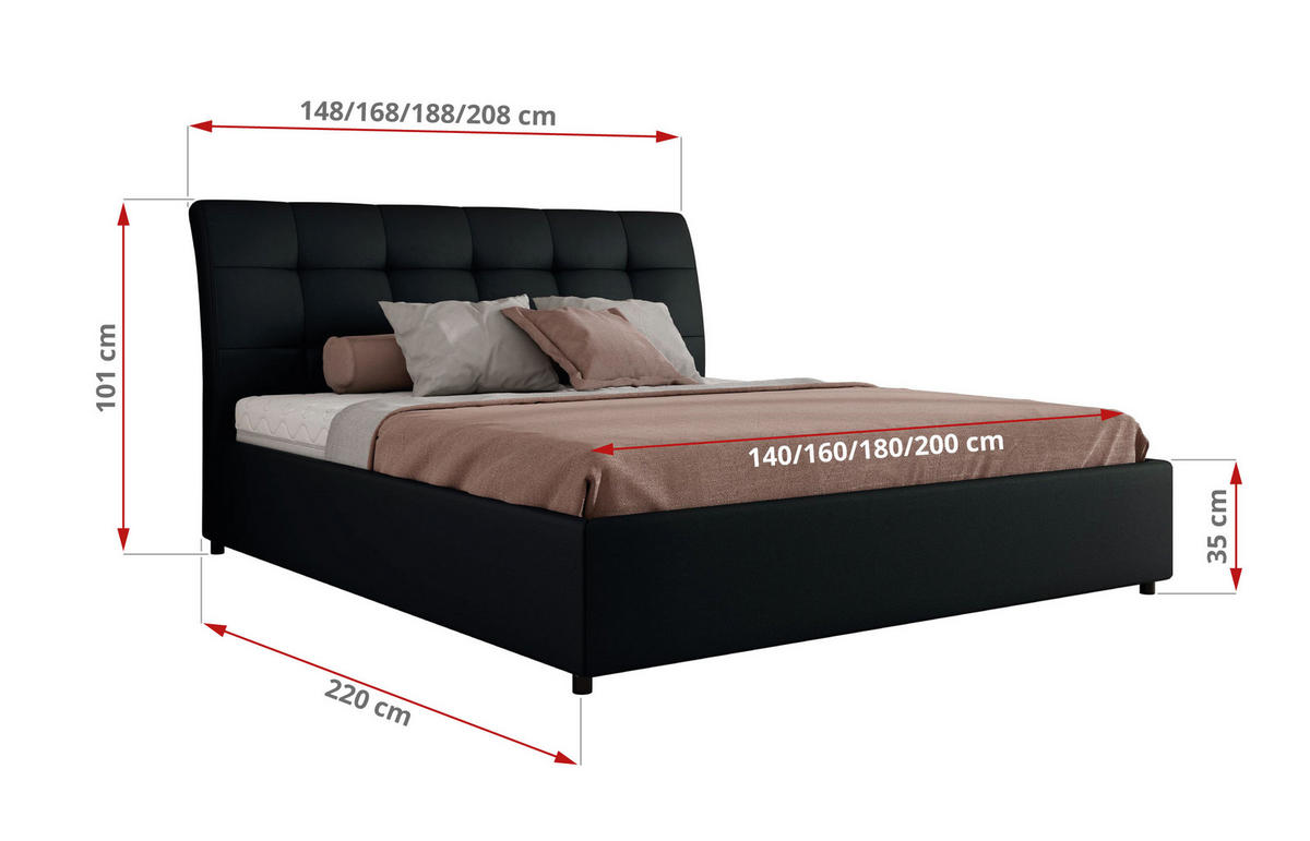 POLSTERBETT GALA CLASSIC 160/200 - Schwarz Kunstleder - Multipocket-Matratze - Schwarz, Textil (160/200cm) - MKS