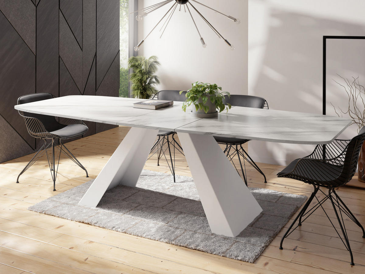 ESSTISCH Monte Weiß rechteckig ausziehbar, Marmor Weiß 160-200/80/76 cm - Ecru/Weiß, Holzwerkstoff/Metall (160/80/76cm) - WFL GROUP