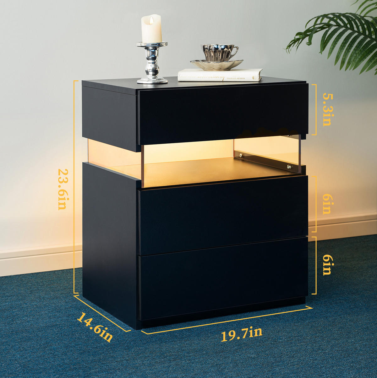 NACHTTISCH 48/38/61 cm schwarz aus Holzwerkstoff mit 3 Schubladen und LED-Beleuchtung - Schwarz, Holzwerkstoff (38/61/48cm) - OKWISH