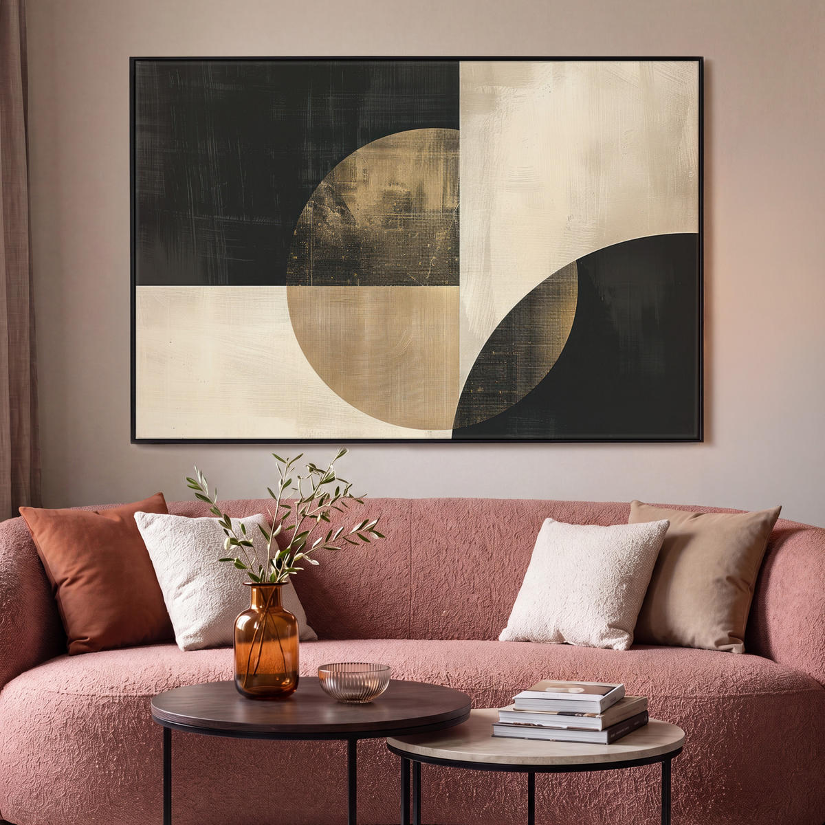 LEINWAND Bilder mit Rahmen - Abstrakt - Geometrische Formen - Schwarz - Gold - 140x90 - Ecru, Textil (140/90cm) - MuchoWow