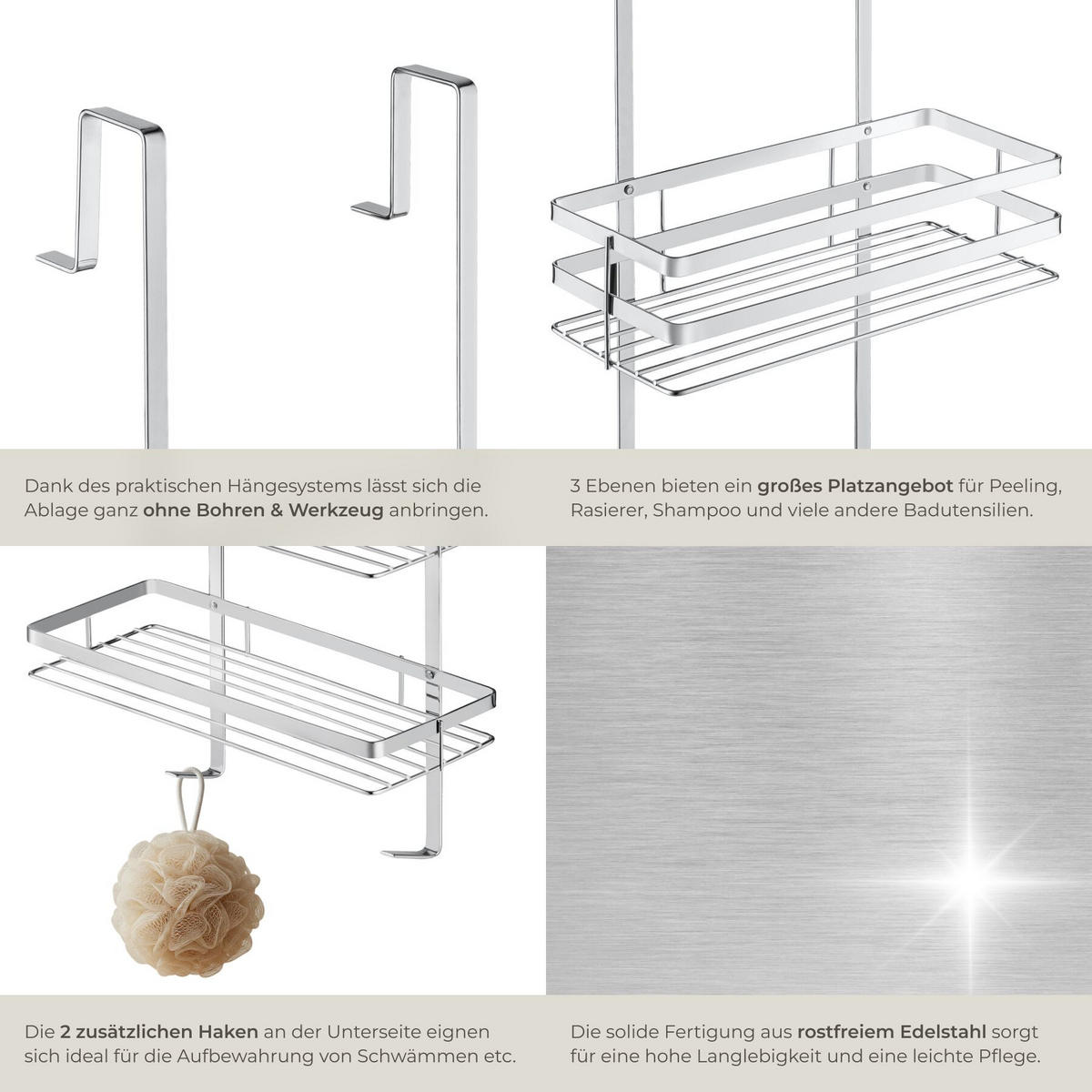 DUSCHABLAGE , 30 x 21 x 80 cm, silber - Silberfarben, Metall (21/80/30cm) - tectake