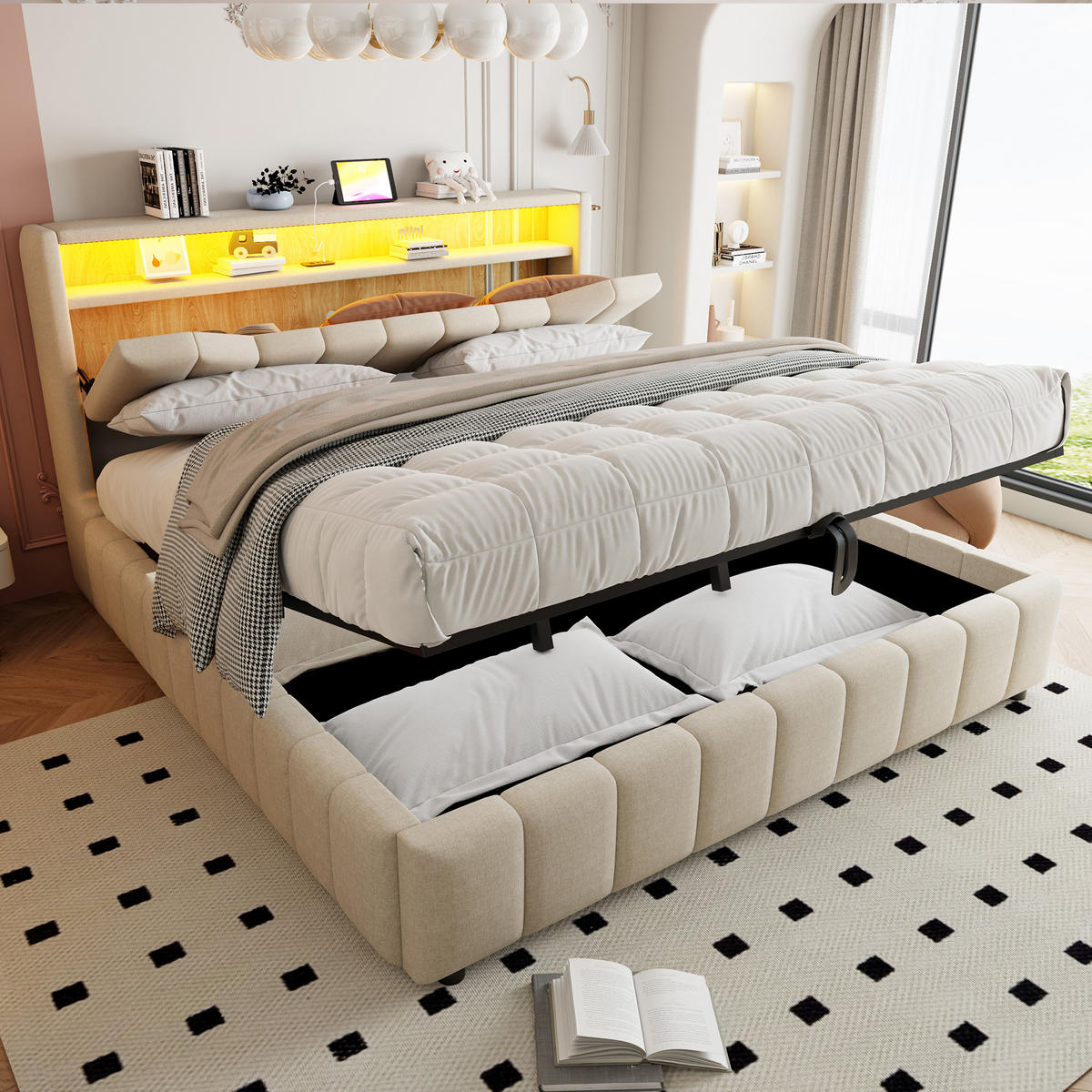 BOXBETT 180/200 mit Bettkasten, LED/USB-C, Lattenrost, Leinen, Beige - Beige, Holz/Textil (180/200cm) - LVHOM