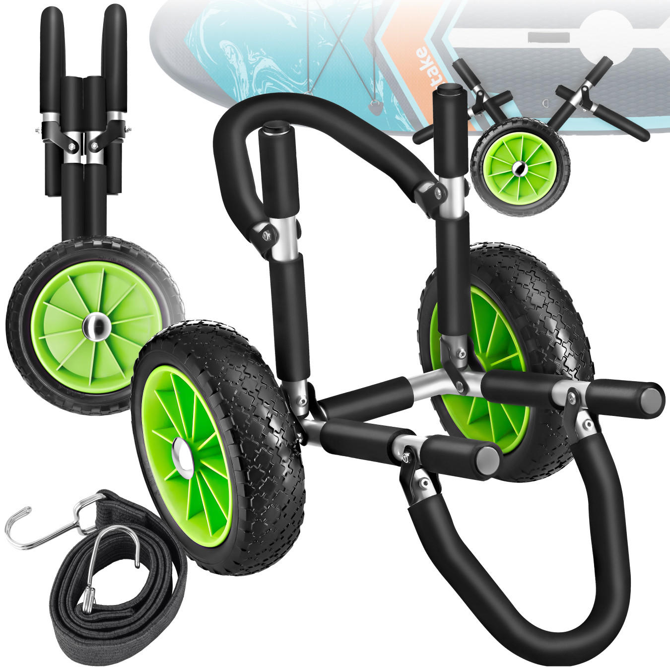 SURFBOARD TRANSPORTWAGEN Wavewheel,inkl. 2 Sicherungsgurte, 42 x 70 x 48,5 cm,schwarz/grün - Schwarz/Grün, Metall (42/70cm) - tectake