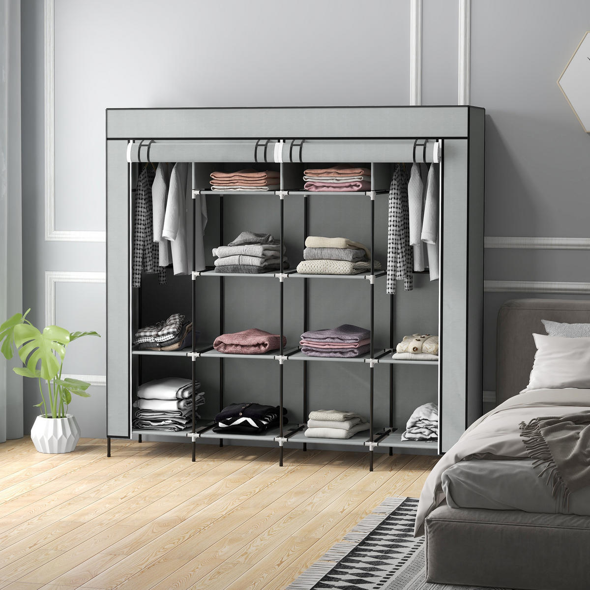 STOFFSCHRANK Kleiderschrank mit Kleiderstange, 10 Fächern, 4 Schubladen - Dunkelgrau, Metall (42.5/169.5/166cm) - HOMCOM