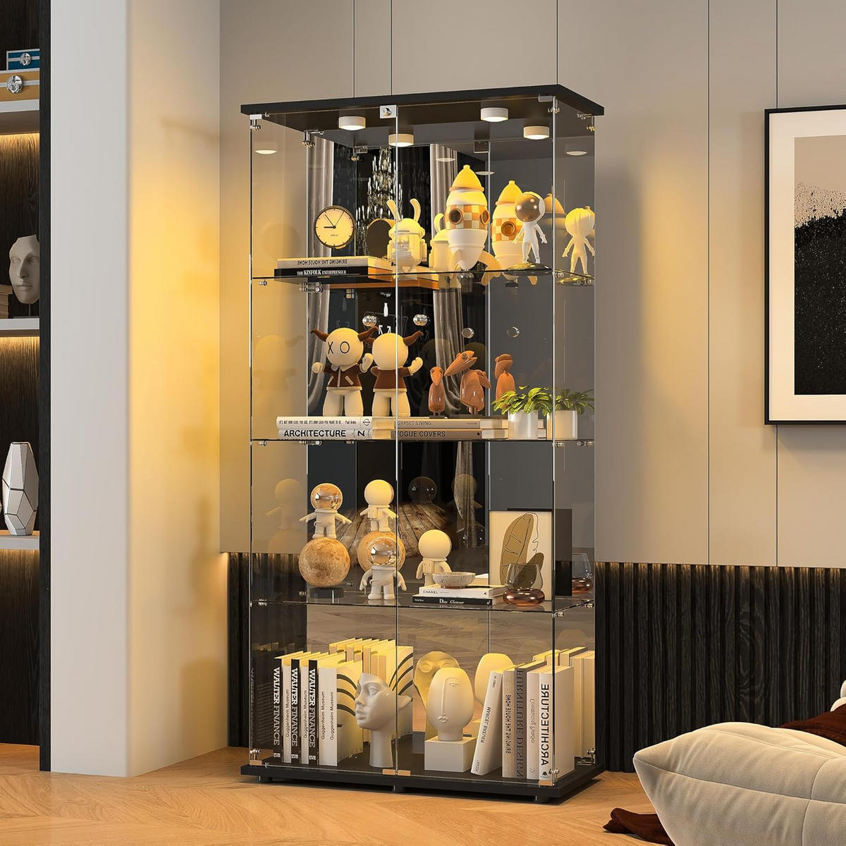 GLASVITRINE LED Vitrinenschrank Schwarz mit 2 Tür 4 Etagen mit Schloss und Spiegeleffekt - Schwarz, Glas (36.49/163.9/80.49cm) - BPKADHY