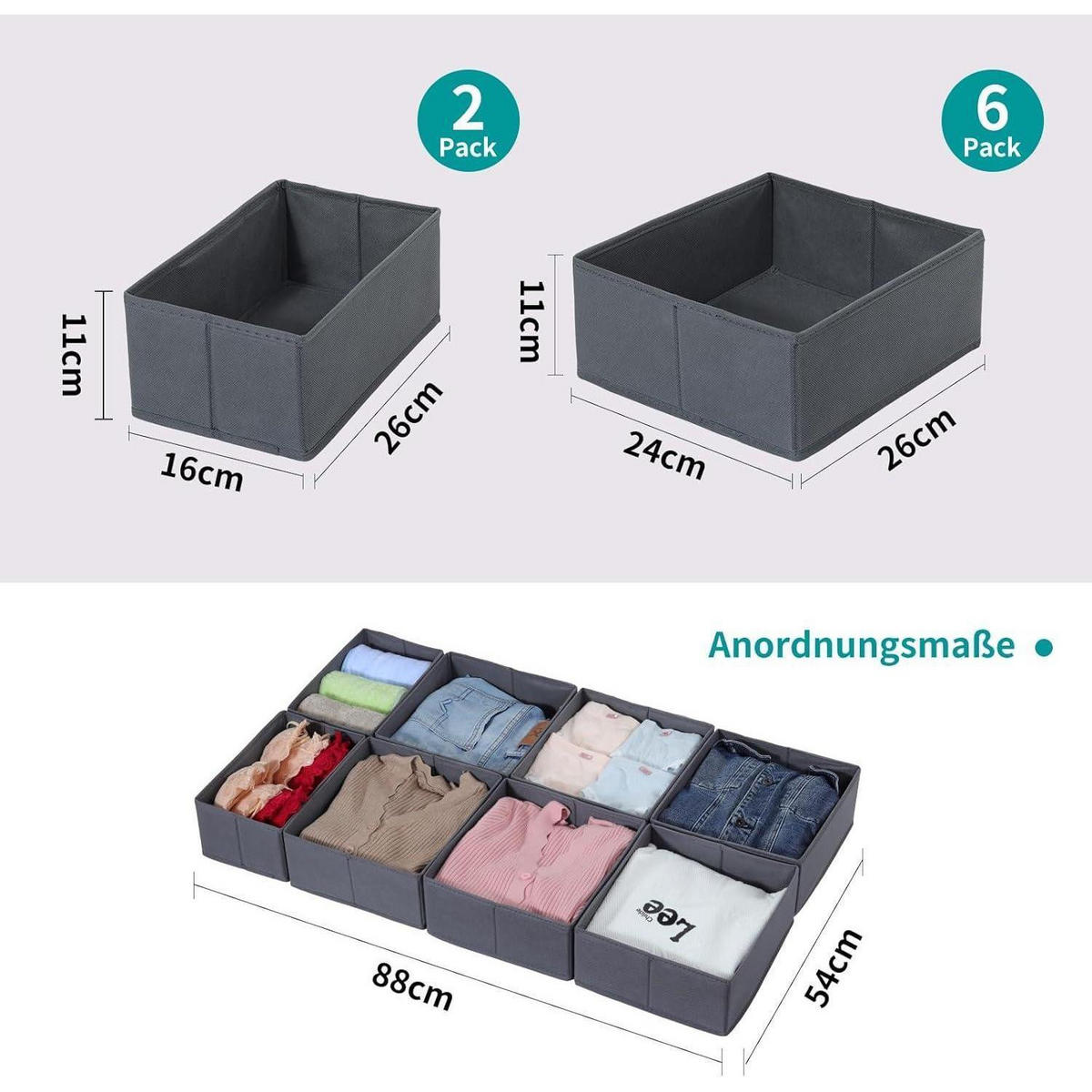 SCHUBLADEN Organizer 8er Set Grau für PAX Kleiderschrank 100x58 cm - Grau, Textil (24/11/26cm)
