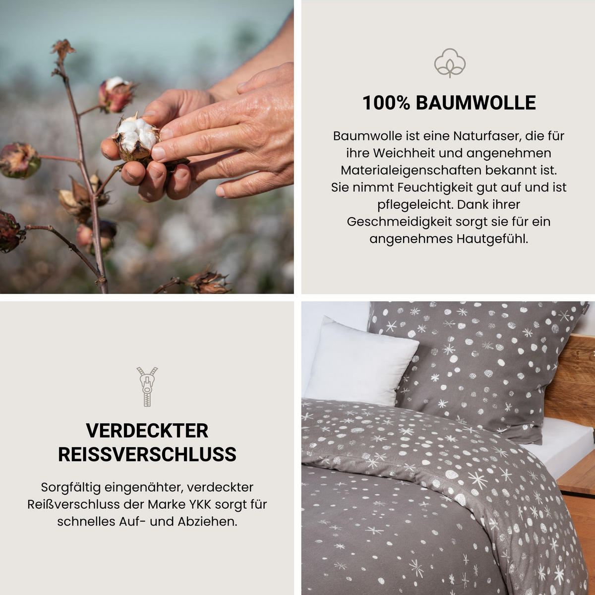 BETTWÄSCHESET Runa - Feinbiber - 2-teilig - 155x220 cm - Grau - Grau, Textil (155/220cm) - SCHIESSER
