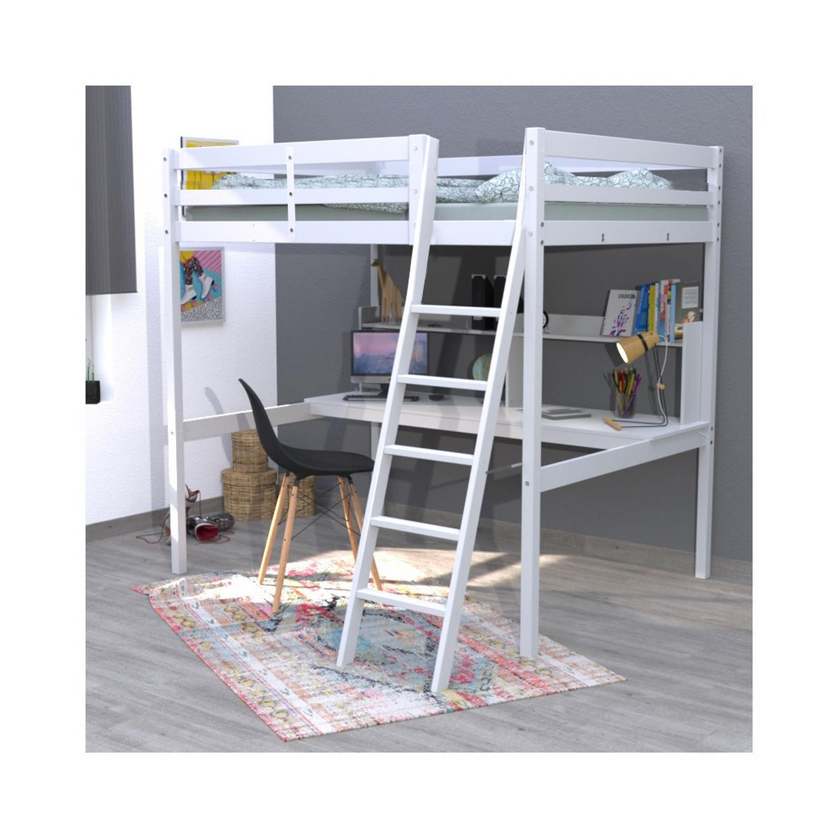 HOCHBETT STUDIO mit Schreibtisch Regal/ Hochbett 140x190 - Weiß - Weiß, Holz (140/190cm) - Weber Industries