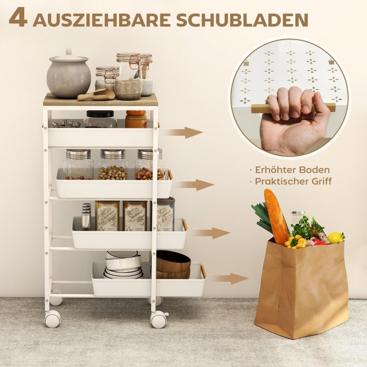 KÜCHENWAGEN mit 4 Schubladen 39,5 x 24 x 82 cm Weiß - Weiß, Metall (24/82/39.5cm) - Beauniv