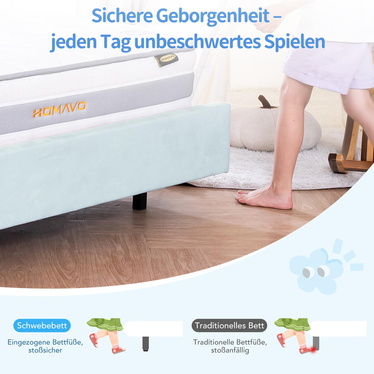 KINDERBETT 140×200 cm, LED-Musiklampe, schwebendes Design, Kopfteil in Wolkenform, bett Blau - Blau, Metall (140/215cm) - HOMAVO