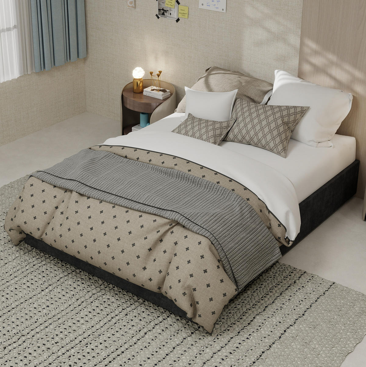 POSTEL 140/200 cm šedá z látky a kovu s LED osvětlením a plynovým zdvihem - šedá, textil (140/200cm) - OKWISH