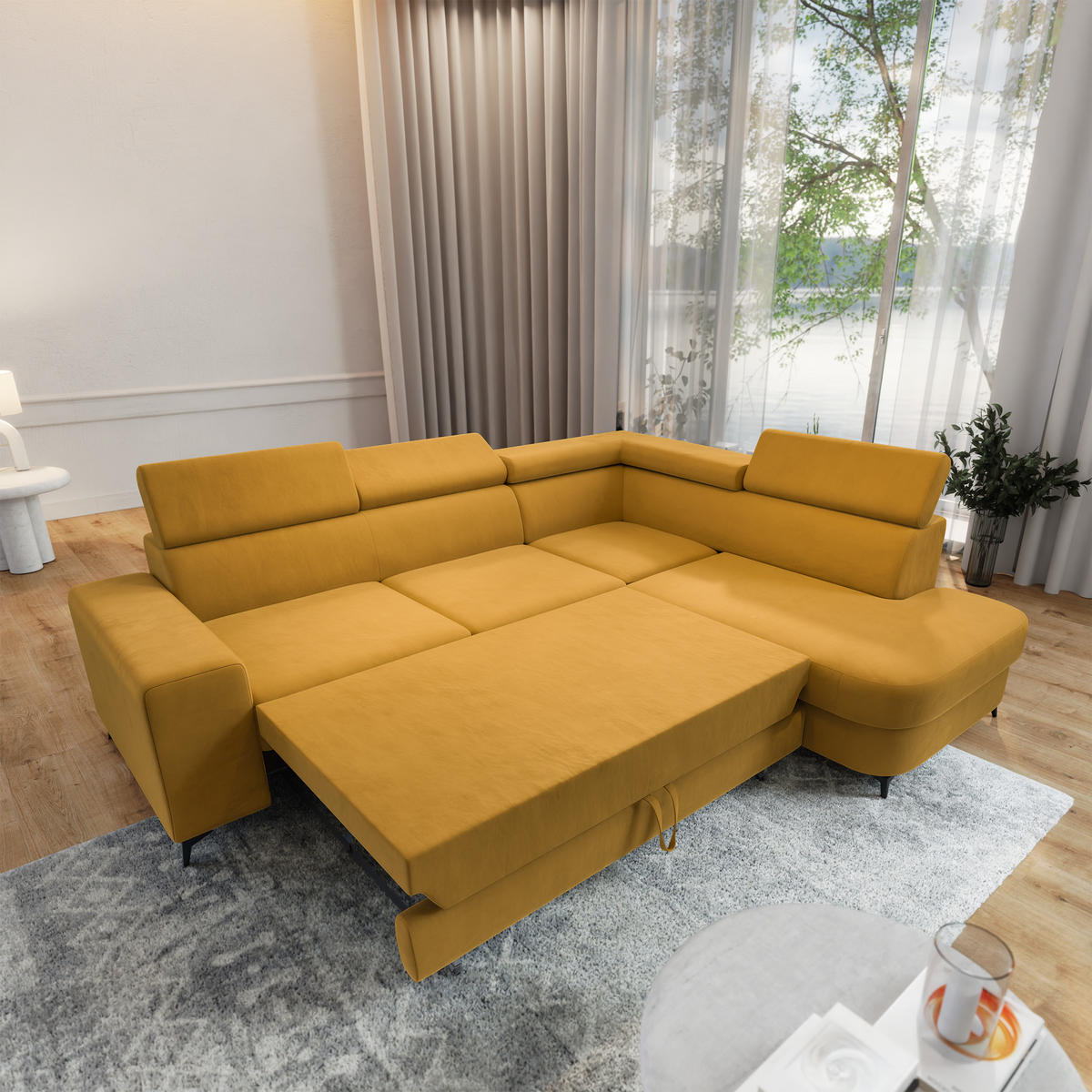 ECKSOFA ALVORO R-S Gelb Velours-Stoff mit Schlaffunktion - Gelb, Holz (253/190cm) - MASSENO