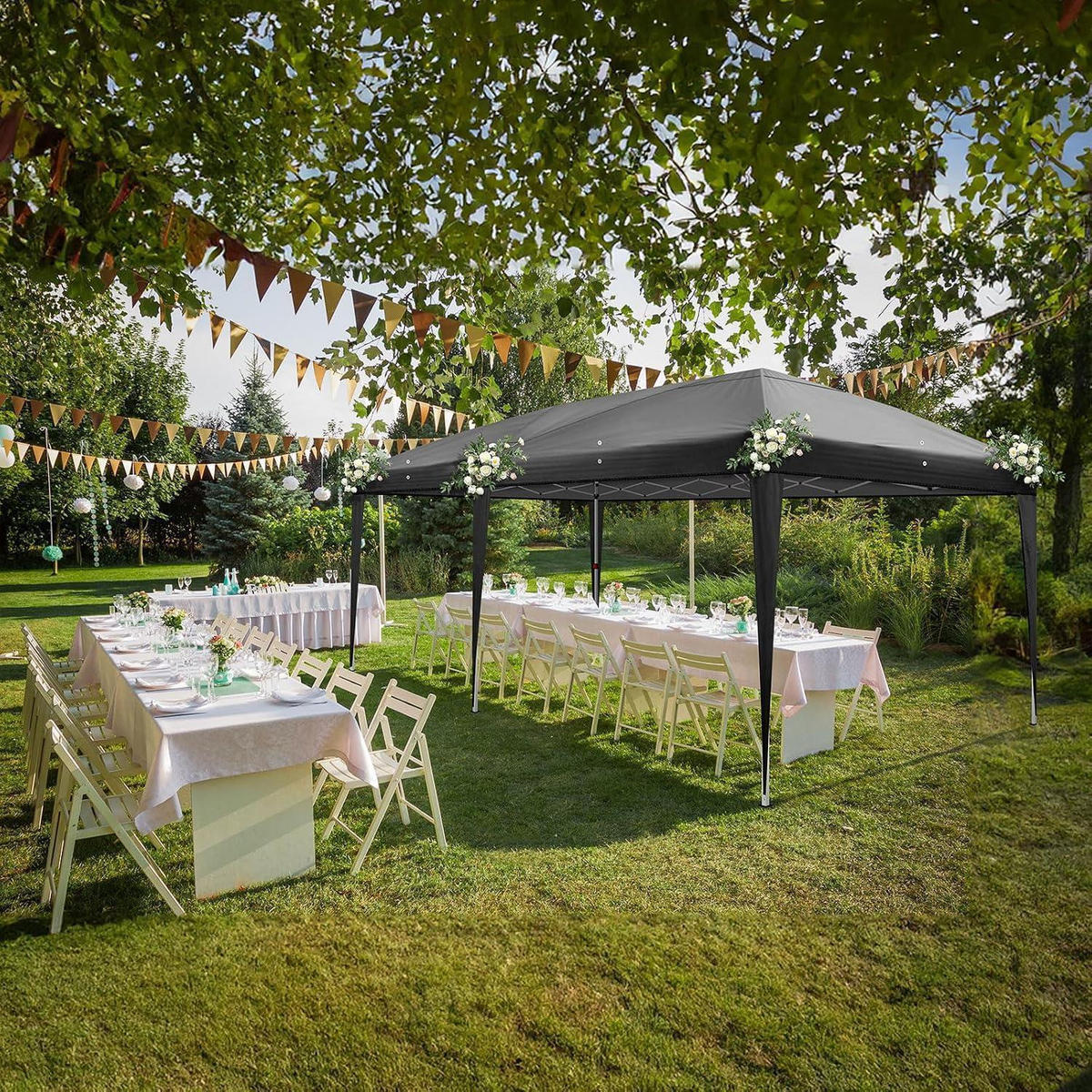 FALTPAVILLON 3 x 6 m Schwarz mit 6 Seitenteilen Wasserdicht UV-Schutz 50+ - Schwarz, Textil (300/255/600cm)