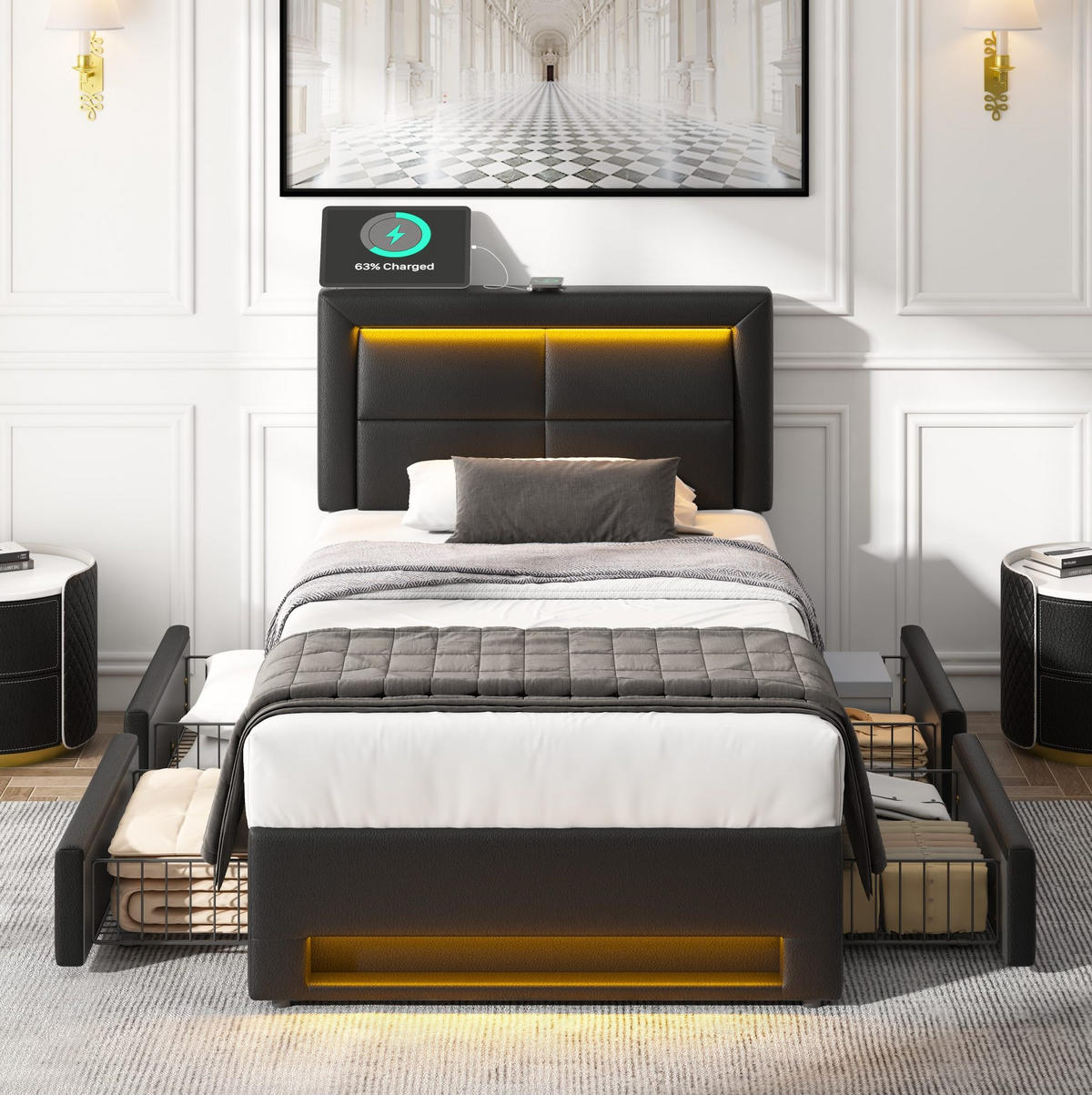 POLSTERBETT 90/190 cm Schwarz mit USB-Anschluss und LED-Beleuchtung - Schwarz, Kunststoff (90/200cm) - OKWISH