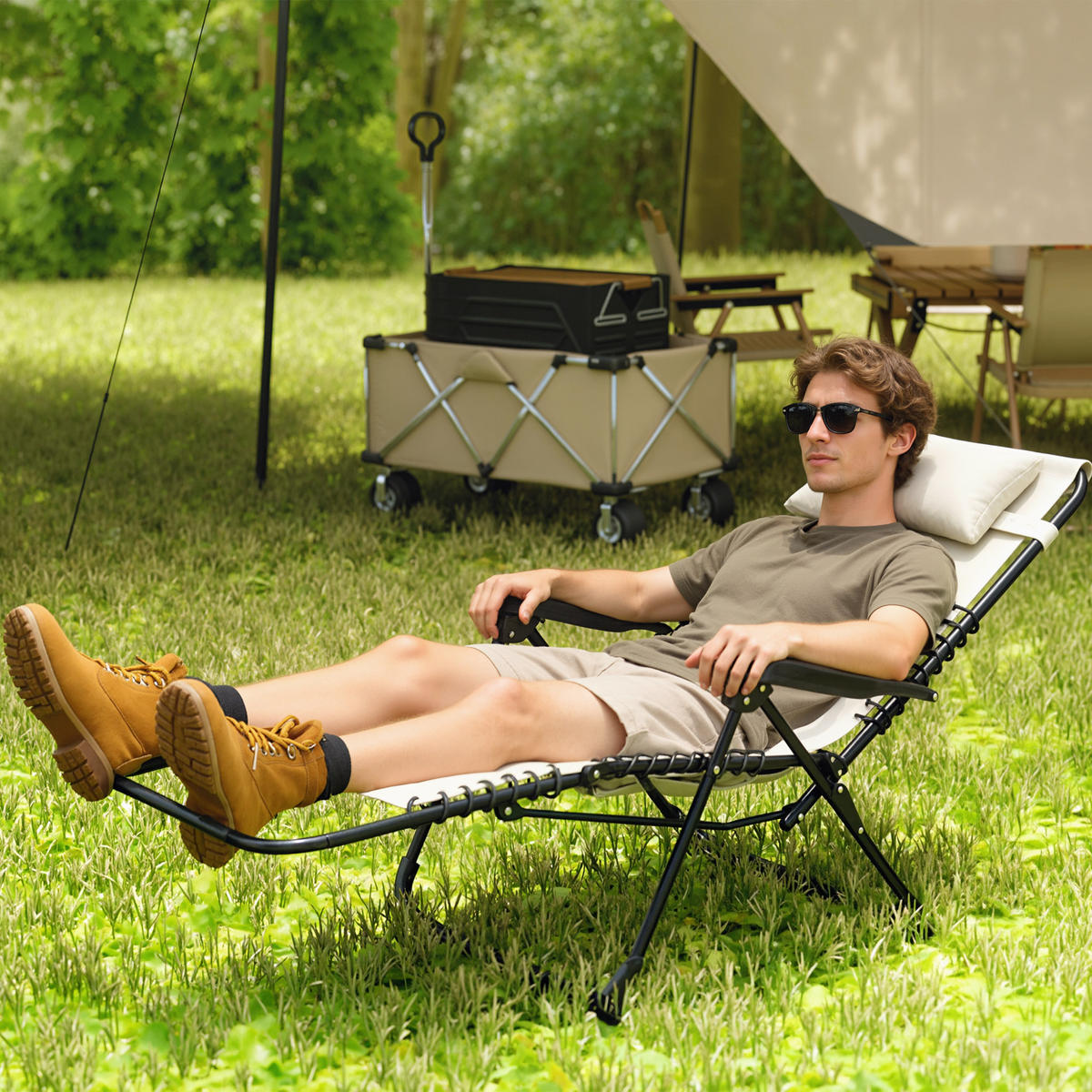 SONNENLIEGE klappbar Gartenliege mit Kopfkissen, 5-Fach verstellbare Rückenlehne bis 120 kg belastbar Beige - Beige, Metall (90/112/65cm)