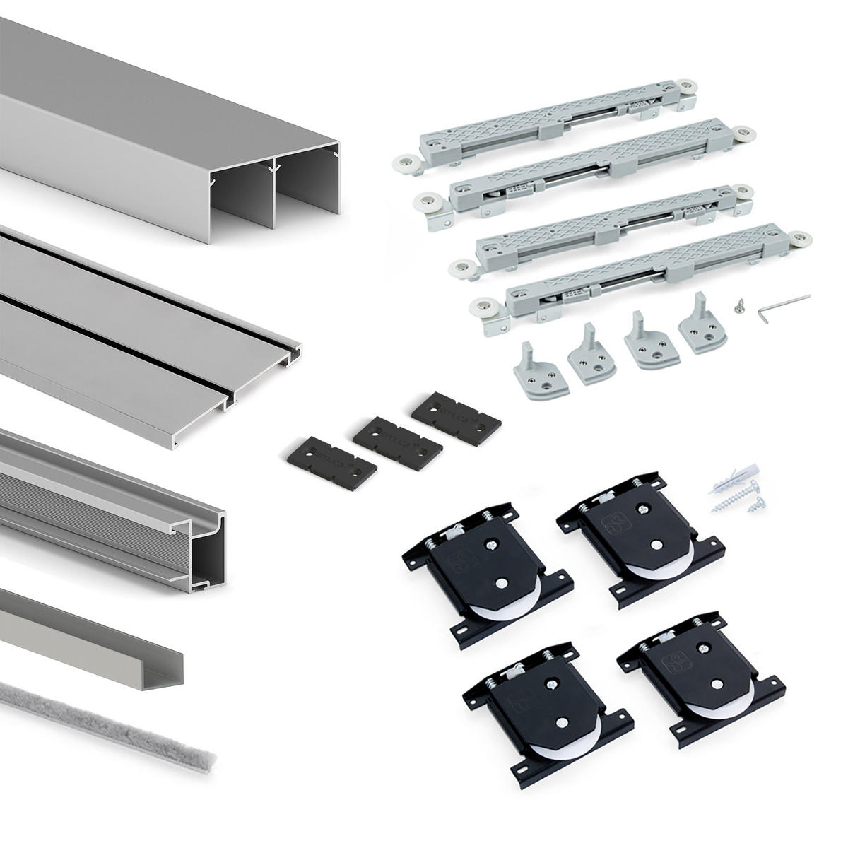 HARDWARE SET für Placard 74 2-Schiebe-Kleiderschrank mit sanftem Schliessen, Griff-Modell Sharp, Stärke 16mm, ohne Paneele, Matt eloxiert - Dunkelgrau, Metall (3.4/8/235cm) - EMUCA