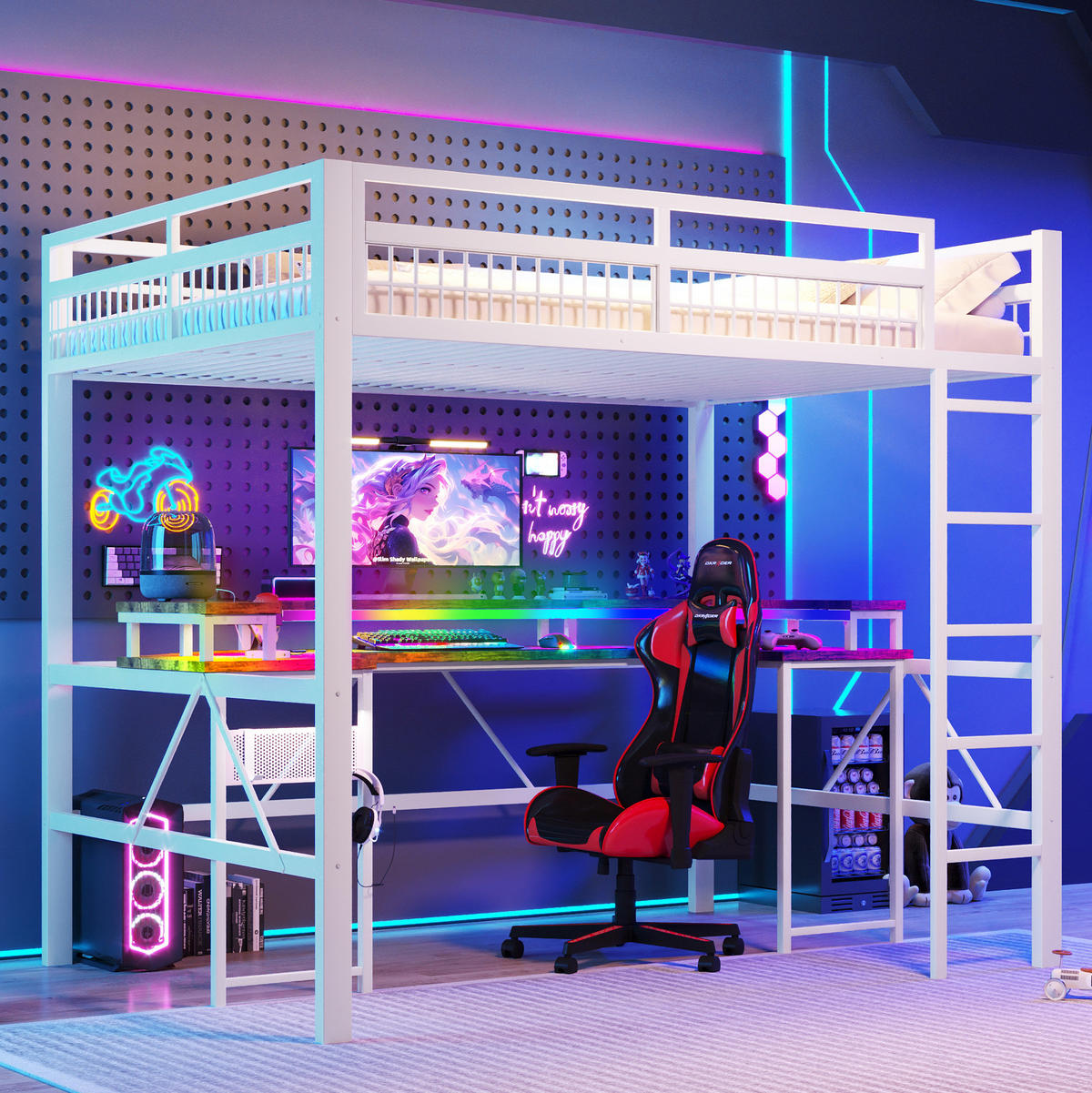 HOCHBETT 140/200 cm aus Metall und MDF mit Schreibtisch, LED-Lichtleiste und Ladeanschlüssen Weiß - Weiß, Metall (140/200cm) - Modenvie