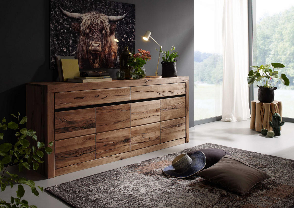 SIDEBOARD Wildeiche / Zerreiche 202x43x80 braun geölt MONTREUX #352 - Braun, Holz (202/80/43cm) - Massivmoebel24