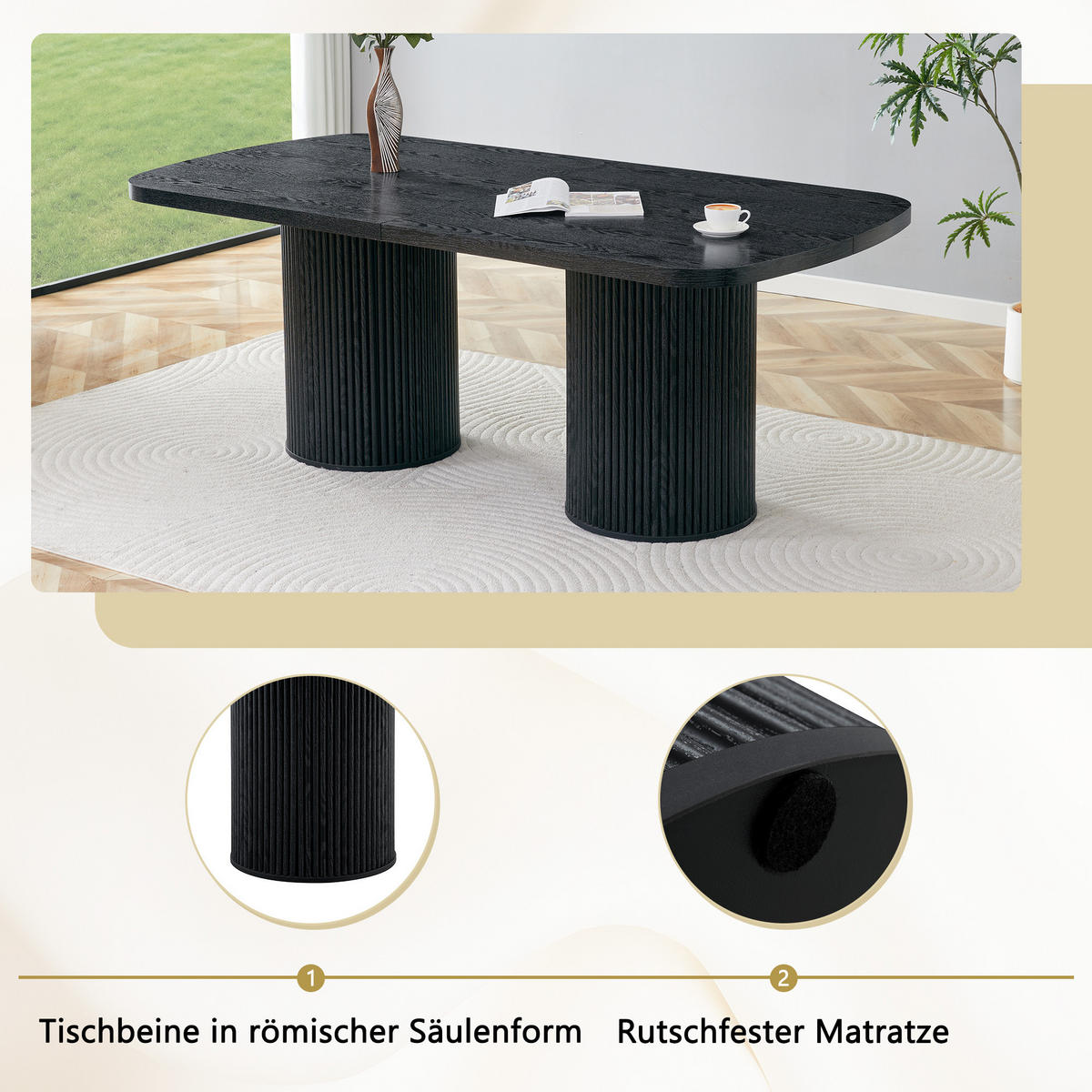 ESSTISCH in Schwarz Küchentisch mit geriffeltem Säulenfuß für die heimische Küche, L180/B90/H76cm - Schwarz, Holzwerkstoff (180/90/76cm) - STILVORA
